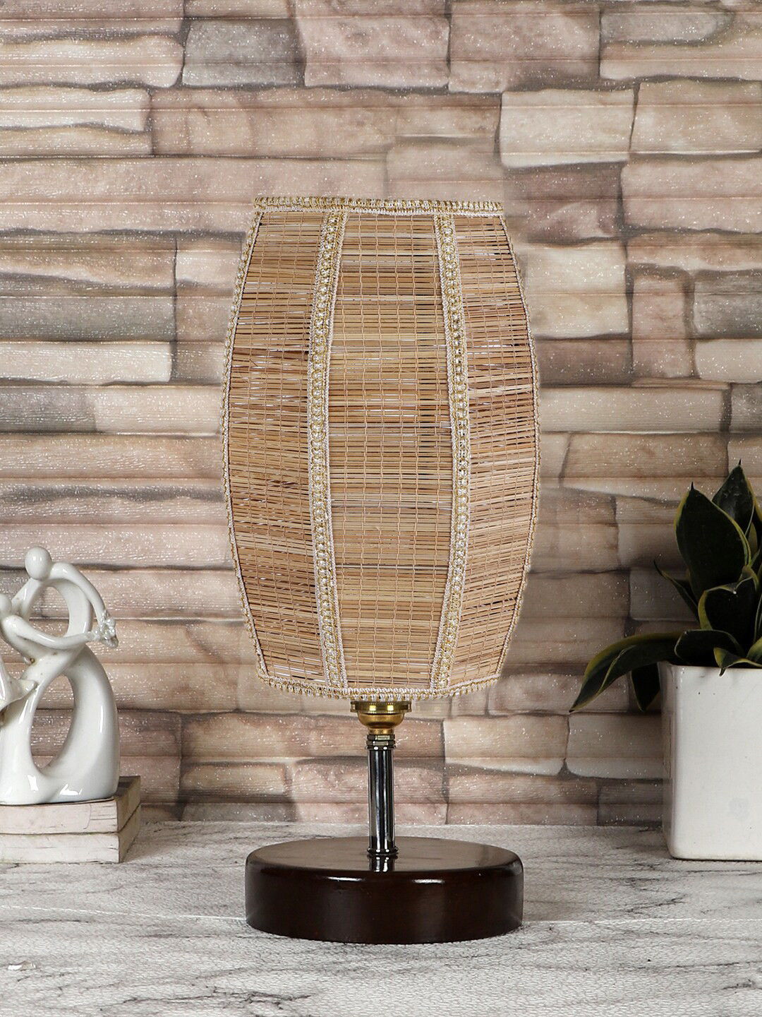 Devansh Beige Textured Bamboo Table lamp With Wood Base