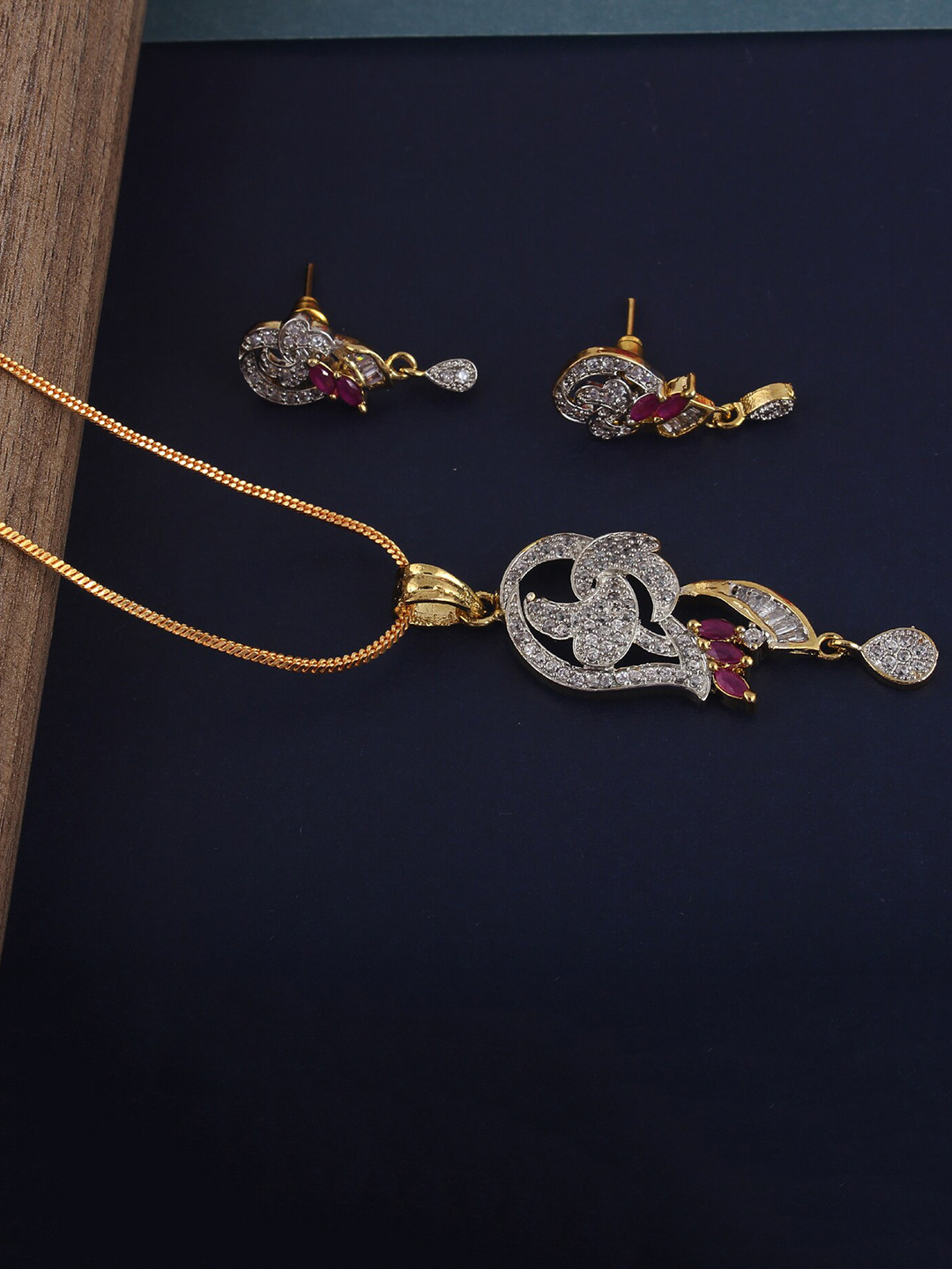 LUCKY JEWELLERY 18K Gold Plated American Diamond White and Ruby Jewellery Set