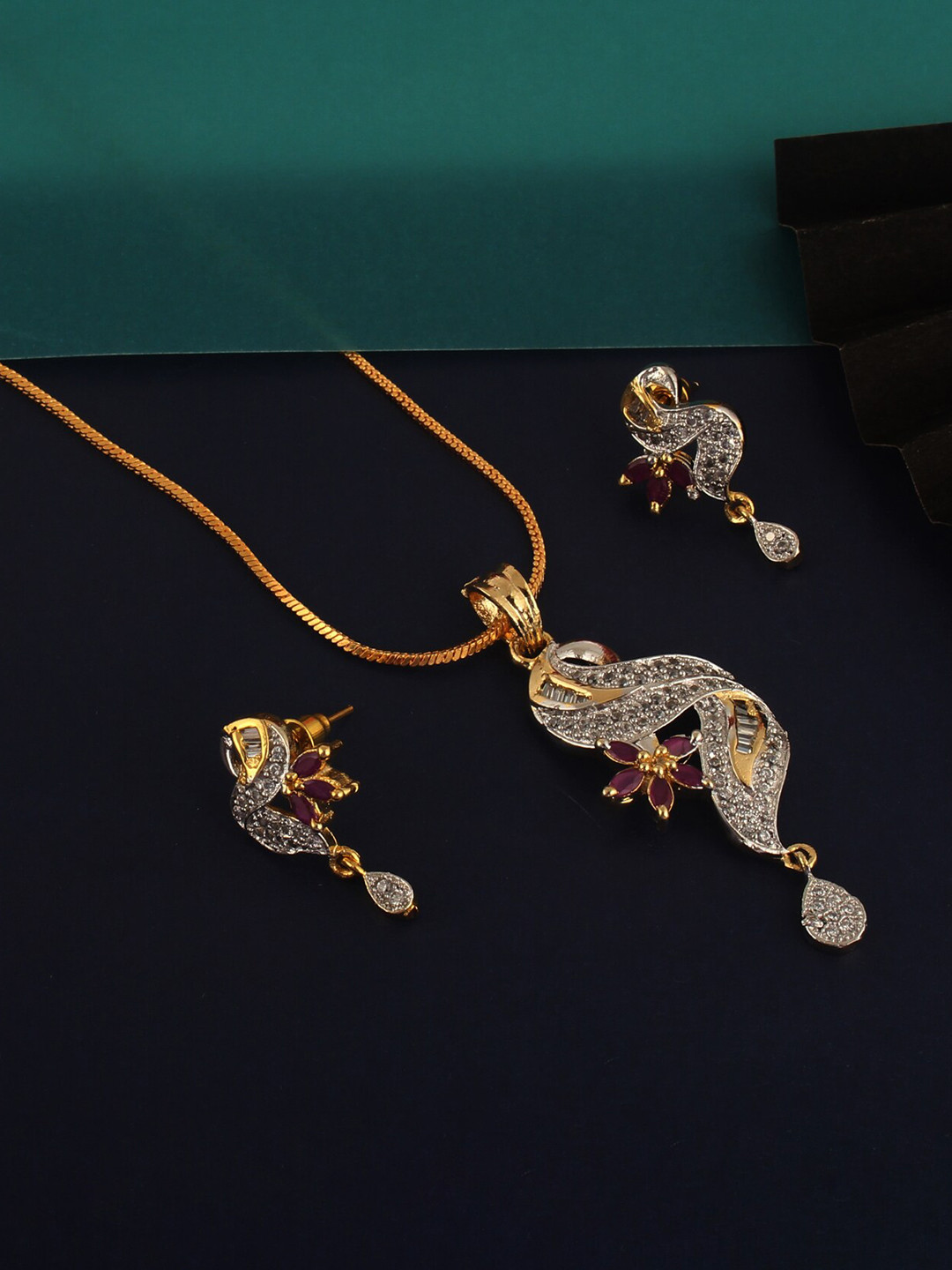 LUCKY JEWELLERY 18K Gold Plated American Diamond White and Ruby Jewellery Set