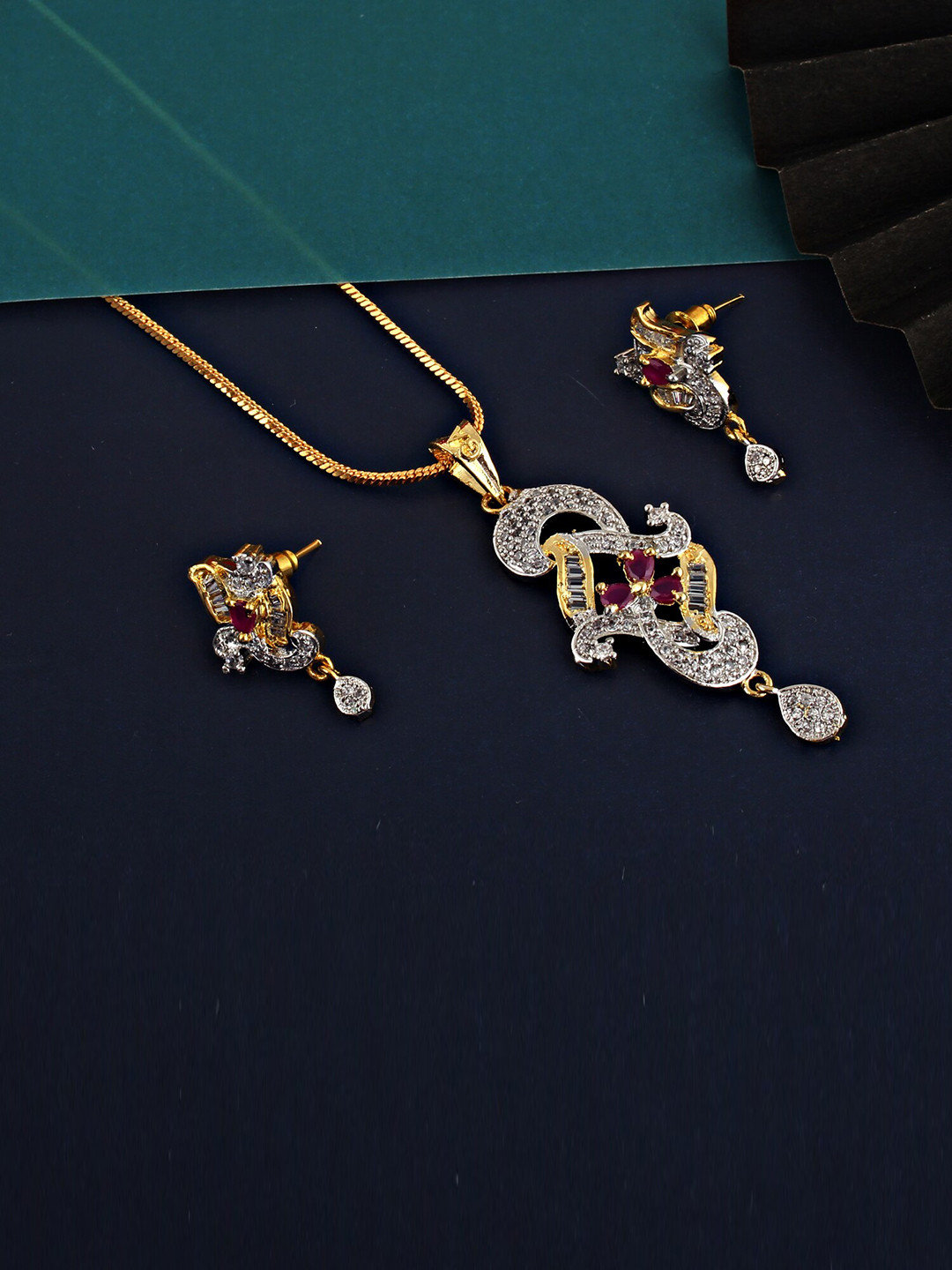 LUCKY JEWELLERY 18K Gold Plated American Diamond White and Ruby Jewellery Set