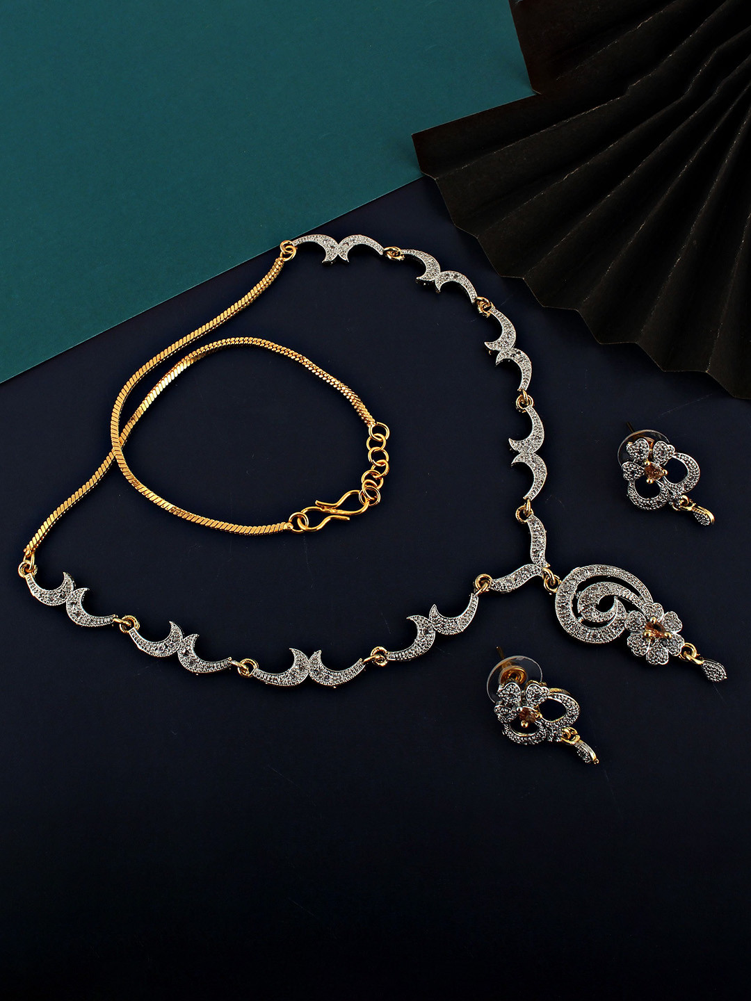 LUCKY JEWELLERY 18K Gold Plated American Diamond Gold Jewellery Set