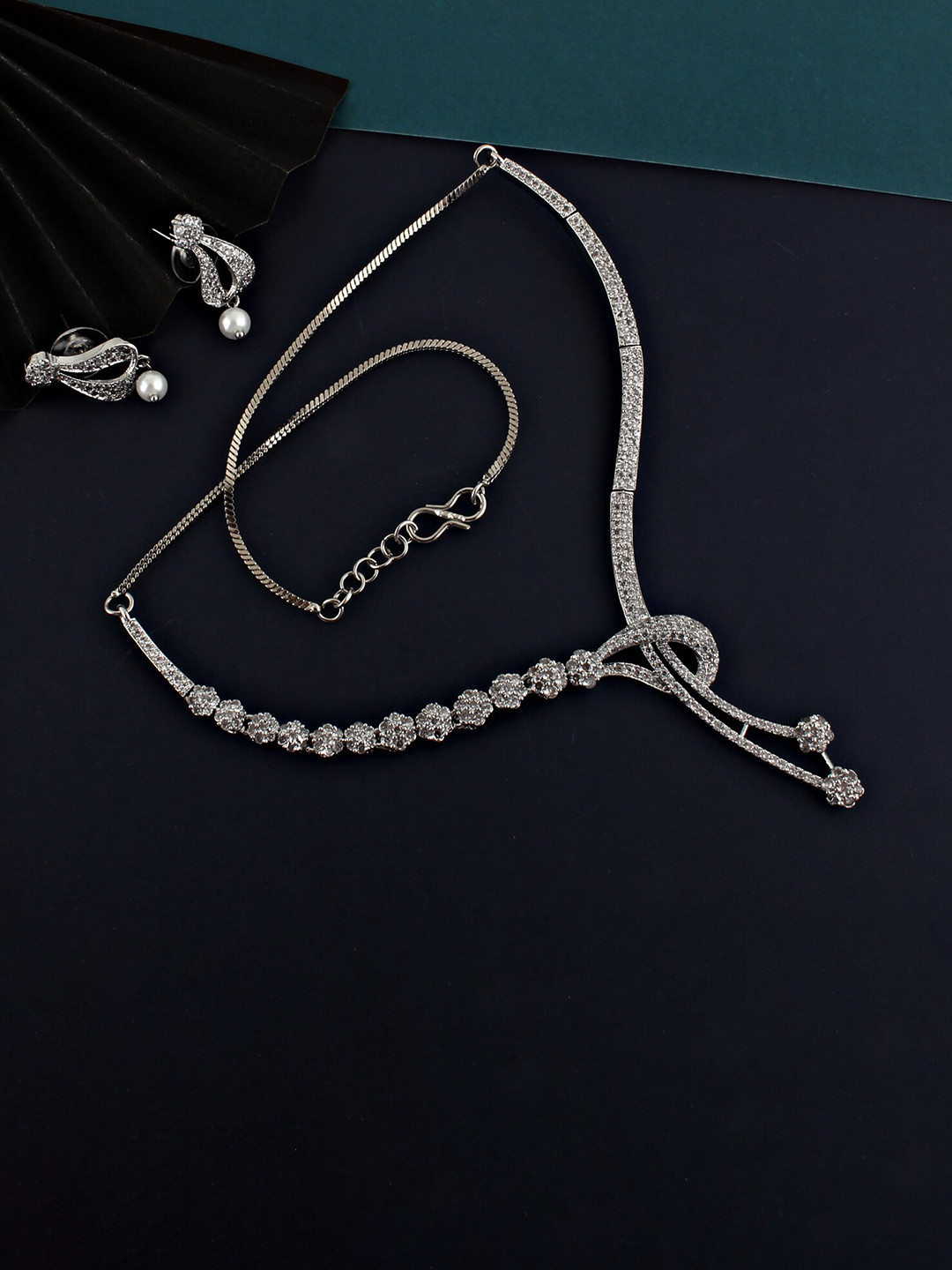 LUCKY JEWELLERY Silver Plated American Diamond Pearl Silver Jewellery Set