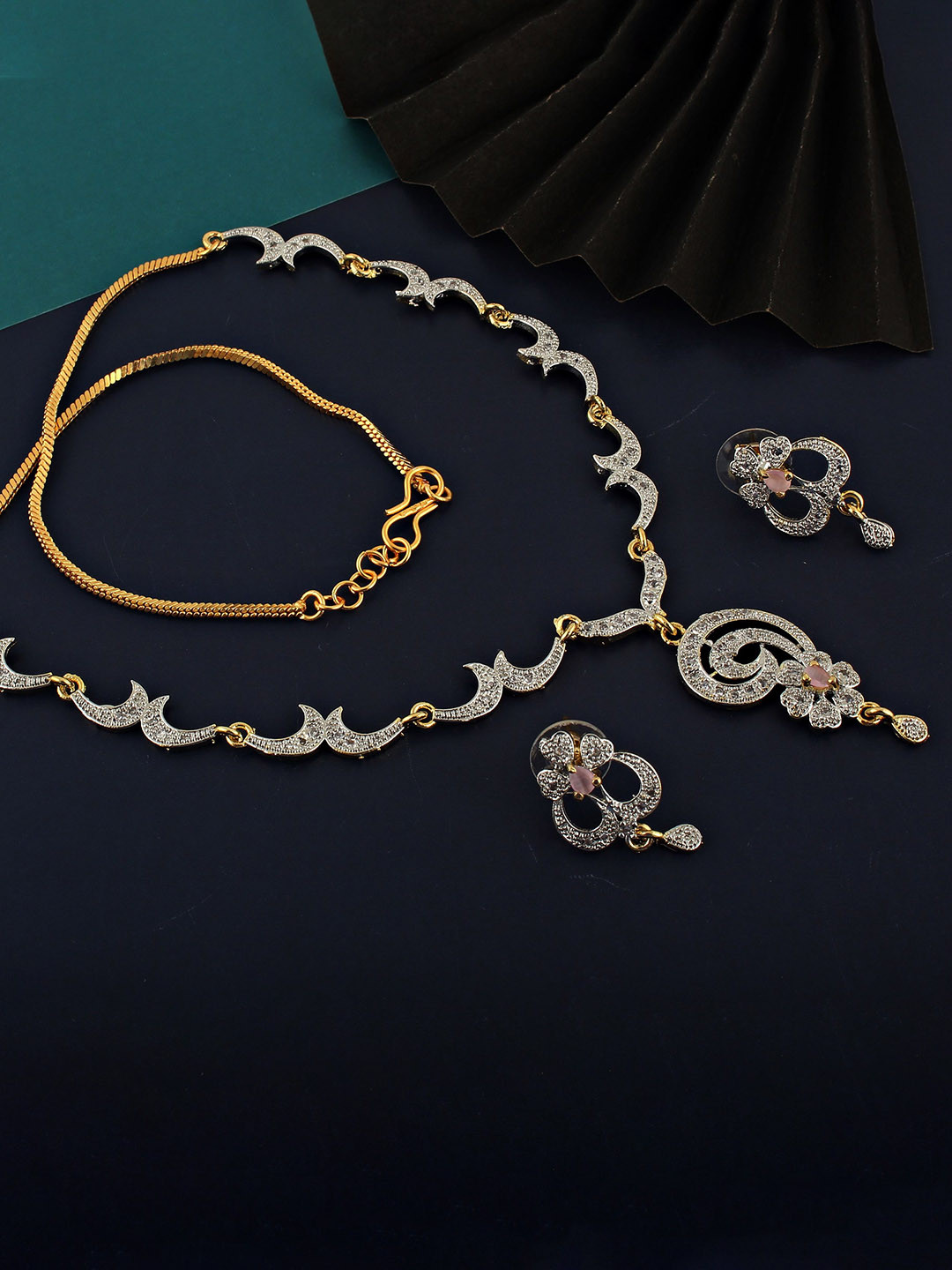 LUCKY JEWELLERY 18K Gold Plated American Diamond Pink Jewellery Set