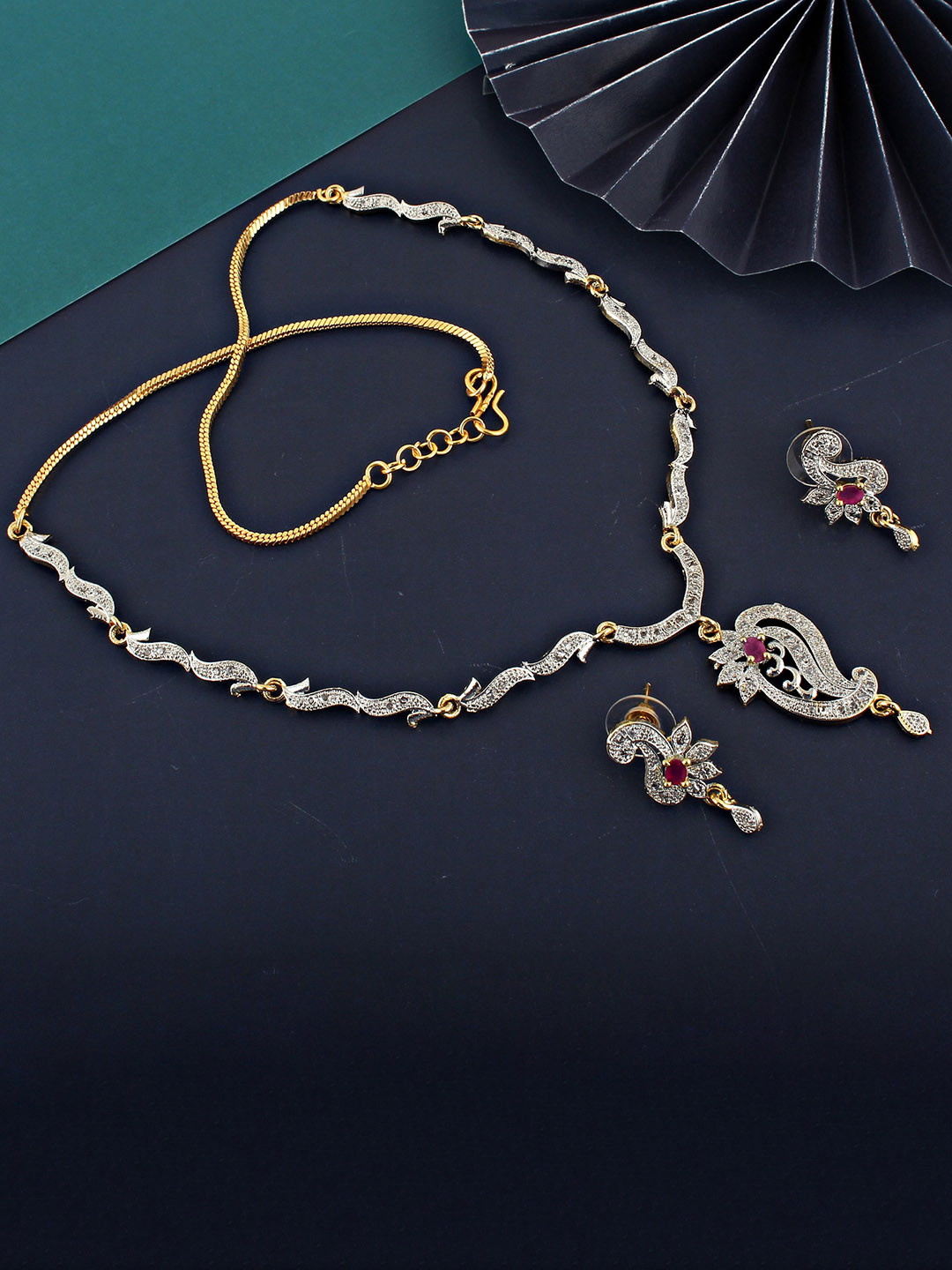 LUCKY JEWELLERY 18K Gold Plated American Diamond Sterling Silver Necklace with Earrings