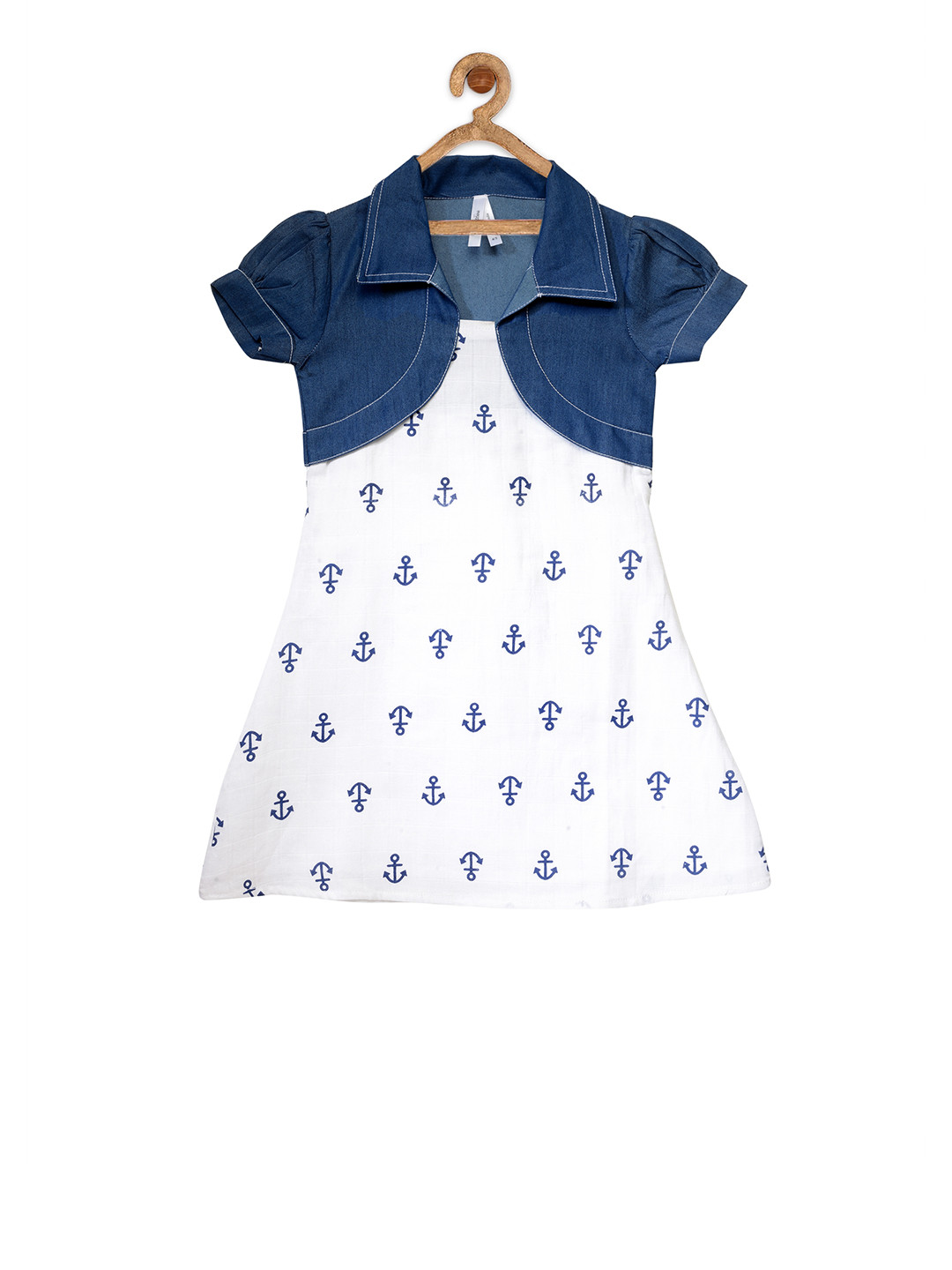 StyleStone Girls White  Blue Printed A-Line Denim dress
