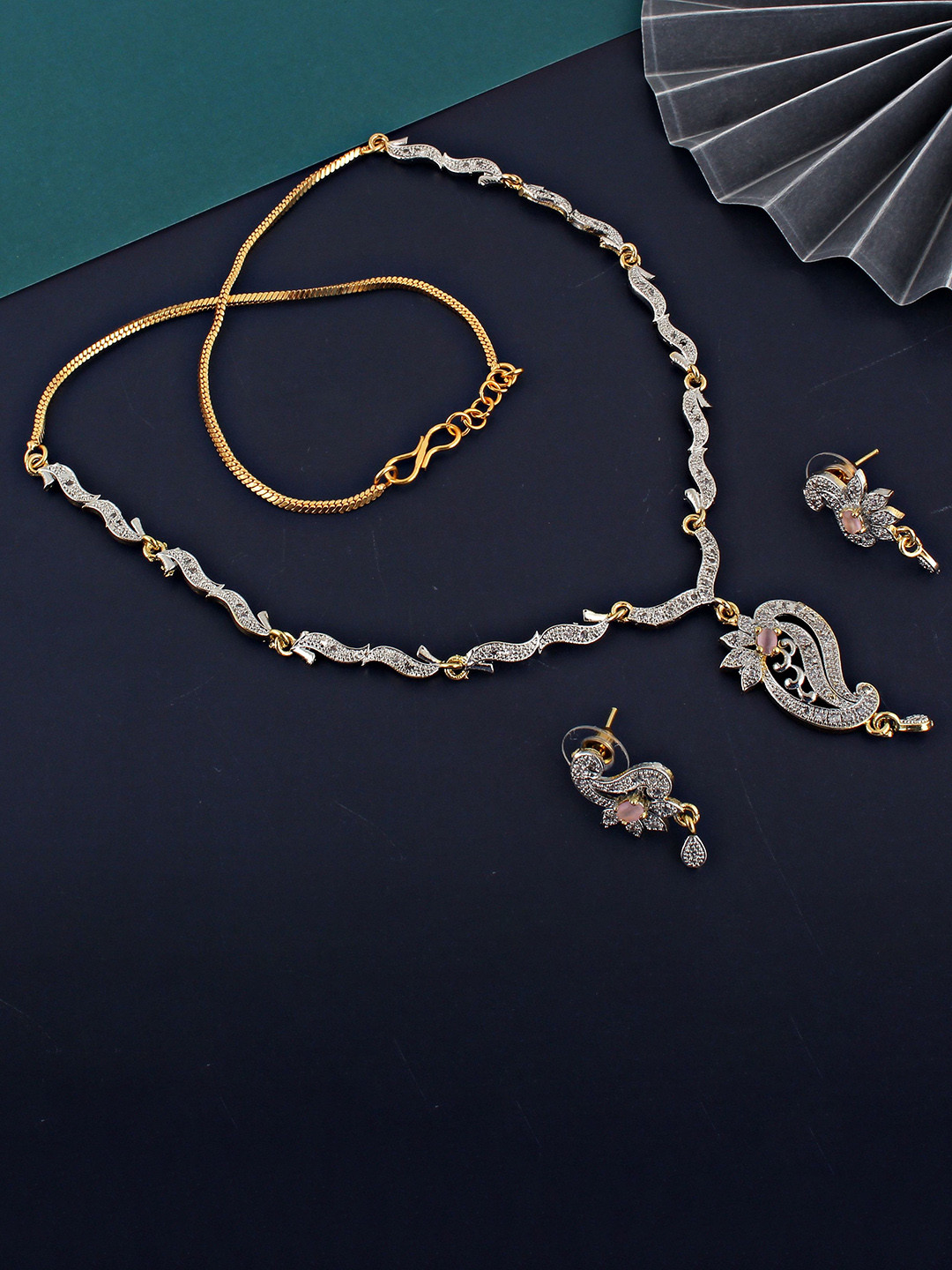 LUCKY JEWELLERY 18K Gold Plated American Diamond Sterling Silver Necklace with Earrings