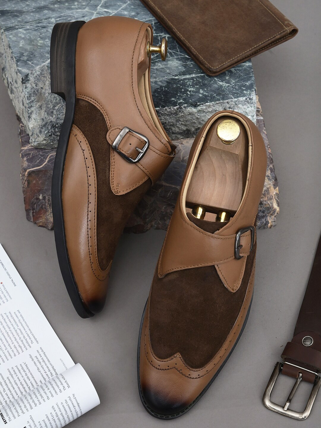 Fashion Victim Men Brown Self-Design Leather Formal Monk Shoes