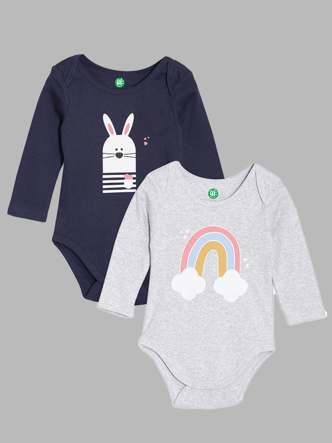YK ORGANIC Infant Girls Pack of 2 Navy Blue & Grey Printed Pure Organic Cotton Bodysuit