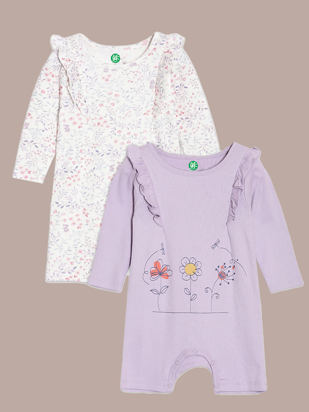 YK Organic Infant Girls Pack Of 2 White and Lavender Printed Pure Organic Cotton Rompers