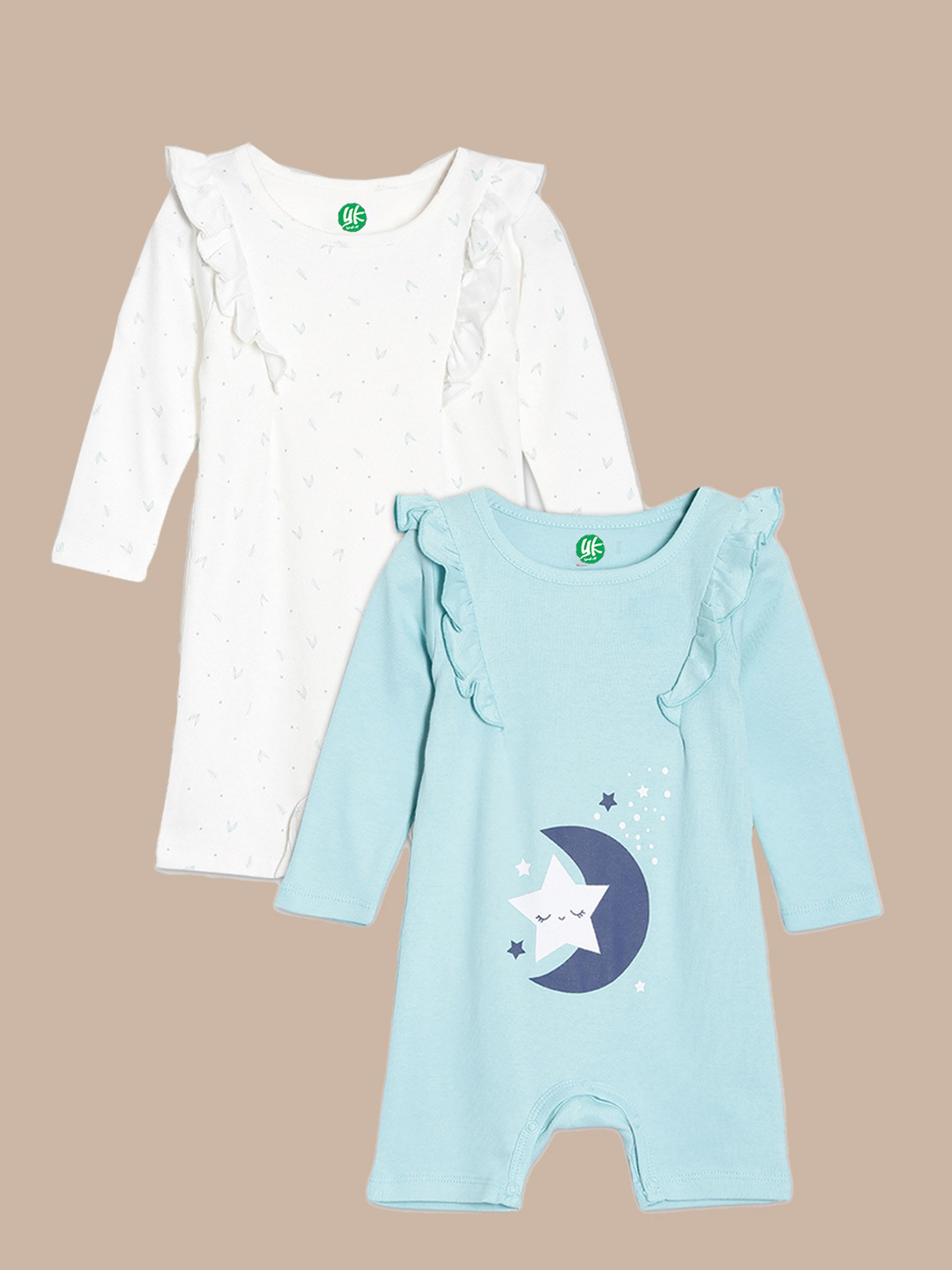 YK Organic Infants Girls Pack Of 2 Blue & White Graphic Prints & Lace Pure Cotton Rompers