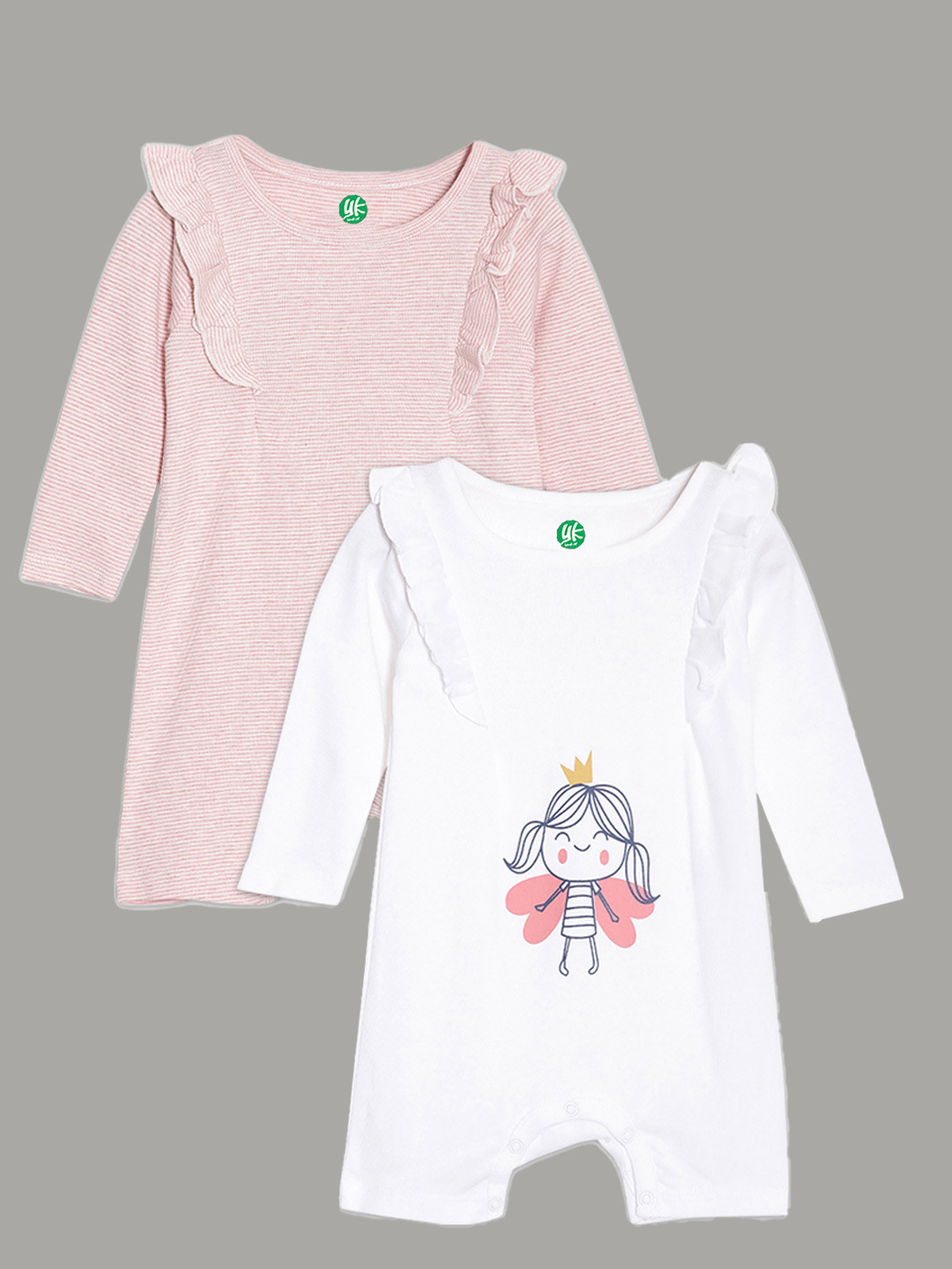 YK Organic Infants Girls Pack Of 2 Pink and White Pure Organic Cotton Rompers