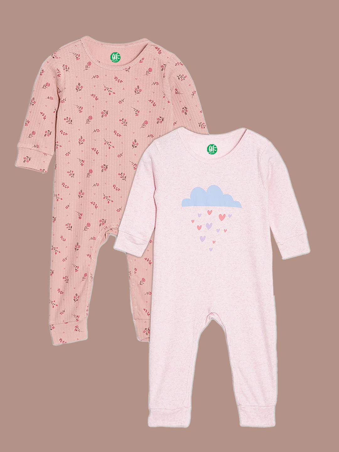 YK Organic Girls Peach & Pink Pack of 2 Printed Organic Cotton Sleepsuit