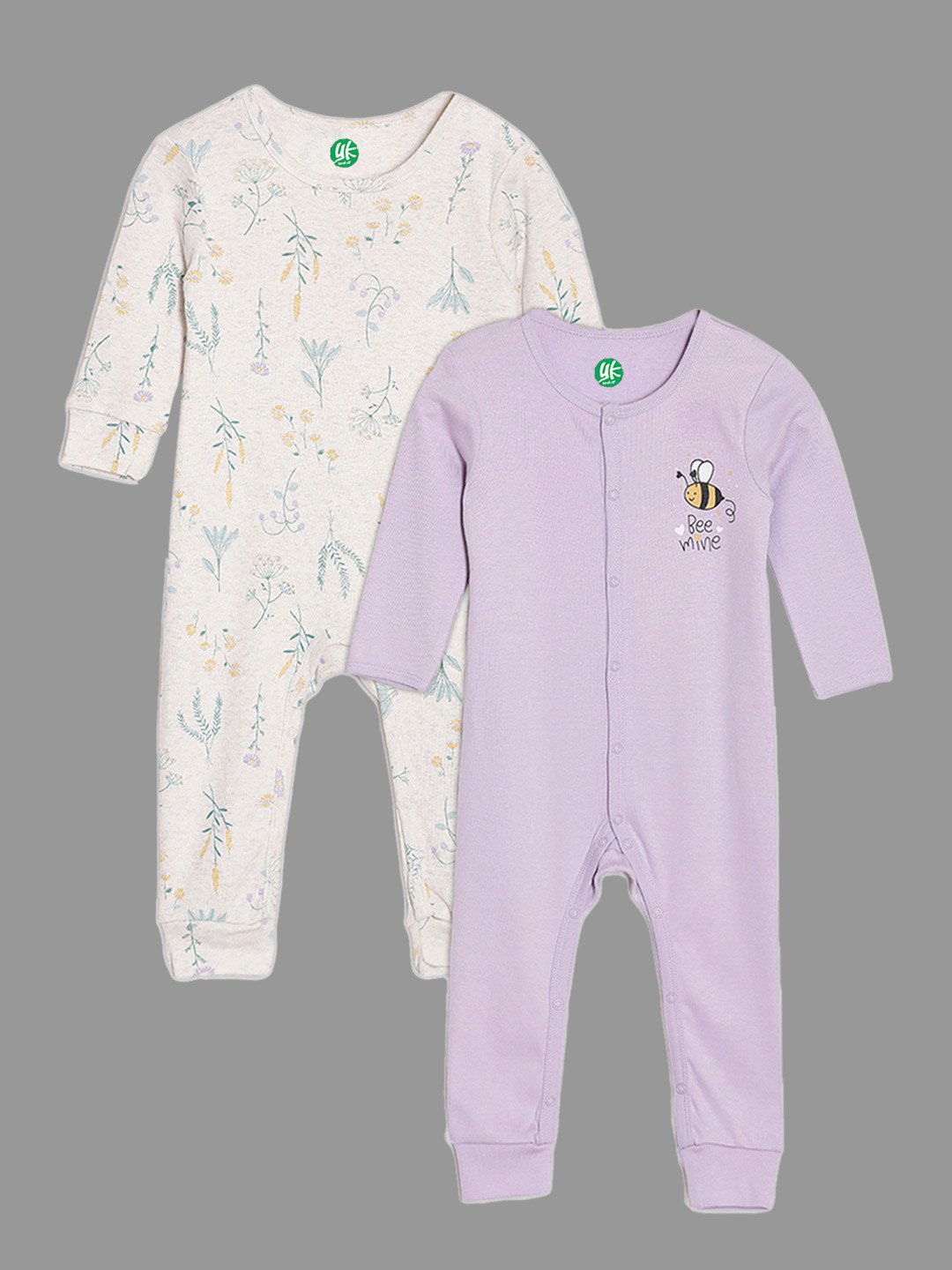 YK ORGANIC Infant Girls Pack of 2 Lavender & Off-White Printed Pure Organic Cotton Rompers
