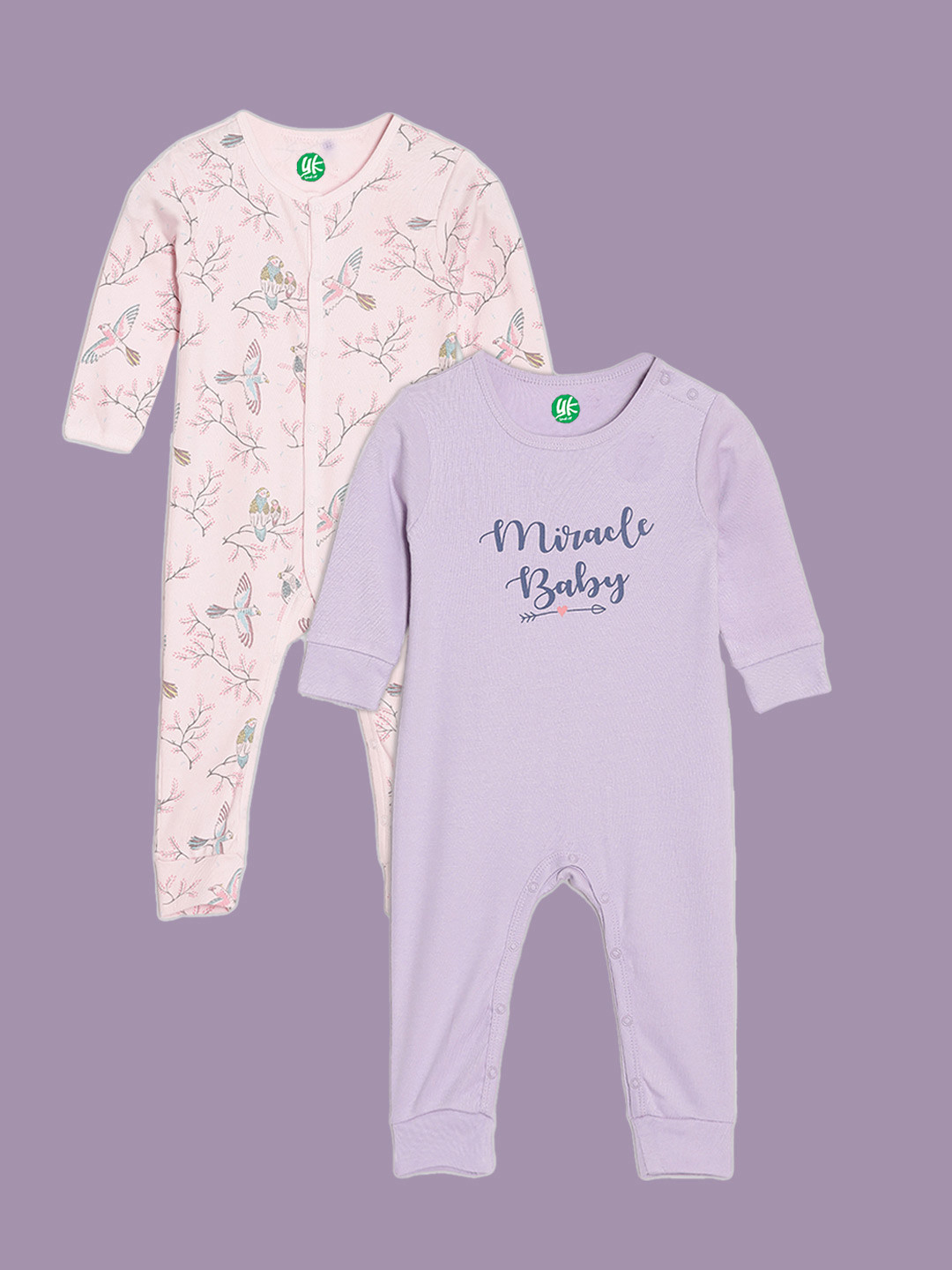 YK ORGANIC Infant Girls Pack of 2 Pink & Lilac Swallows Print Pure Organic Cotton Rompers