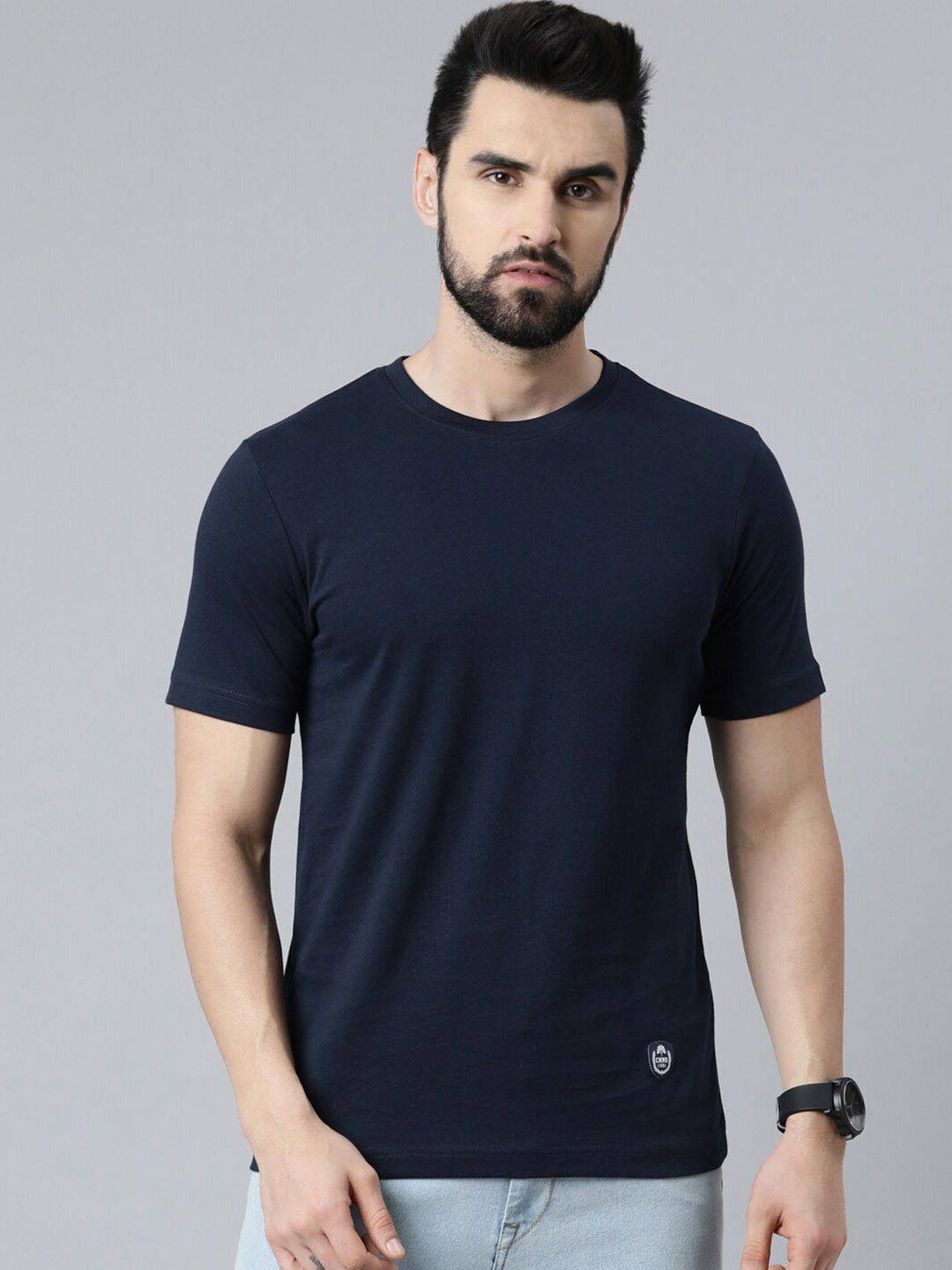 Chennis Men Navy Blue Slim Fit Cotton T-shirt