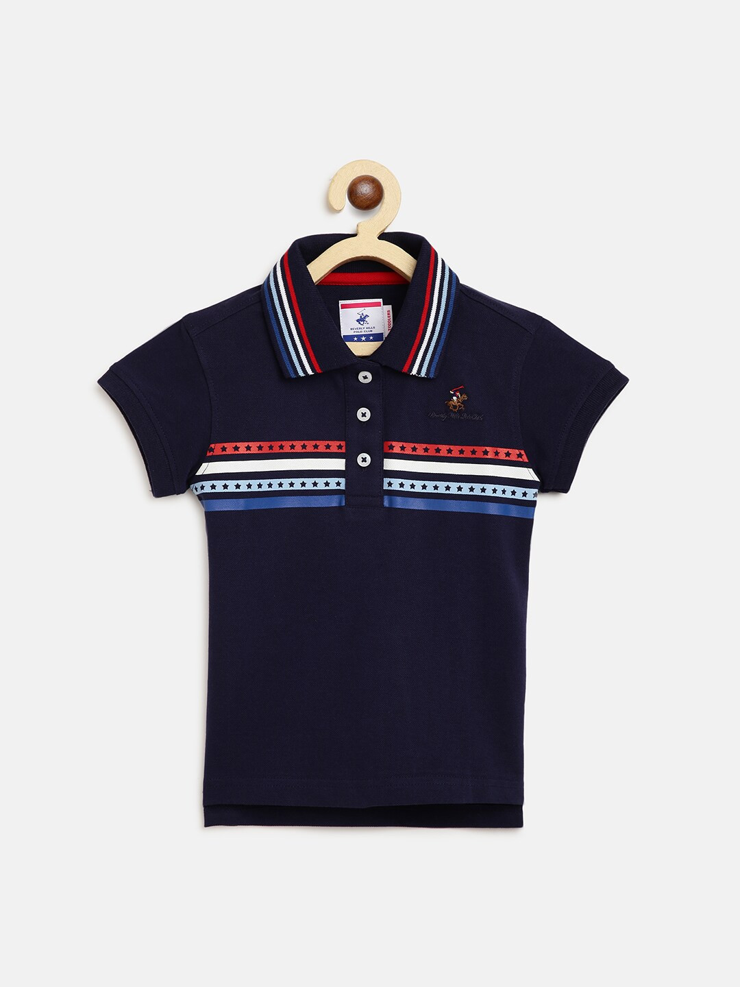 Beverly Hills Polo Club Girls Navy Blue & White Striped Polo Collar T-shirt