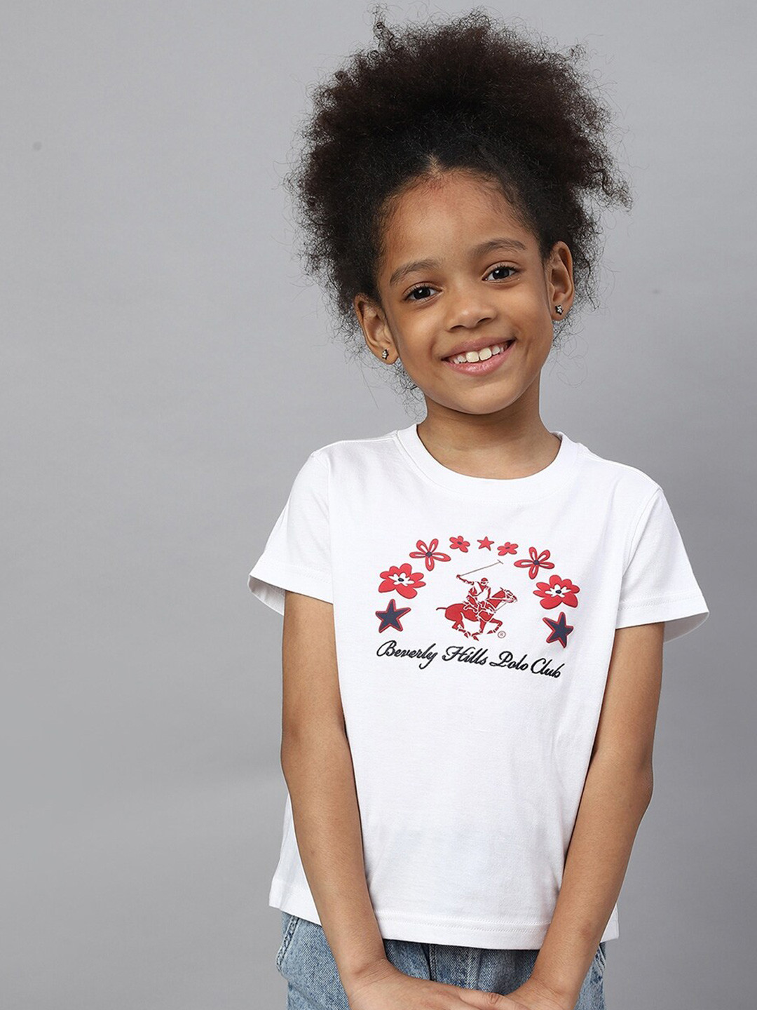Beverly Hills Polo Club Girls White & Red Brand Logo Printed Cotton T-shirt
