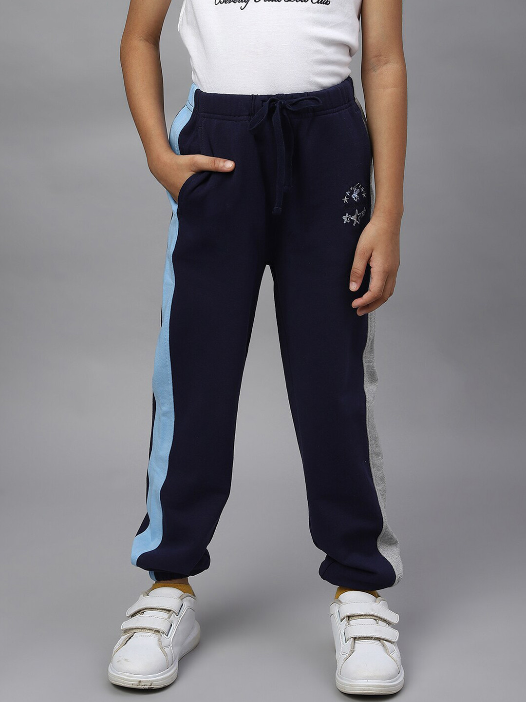 Beverly Hills Polo Club Girls Navy Blue & Grey Colourblocked Cotton Joggers