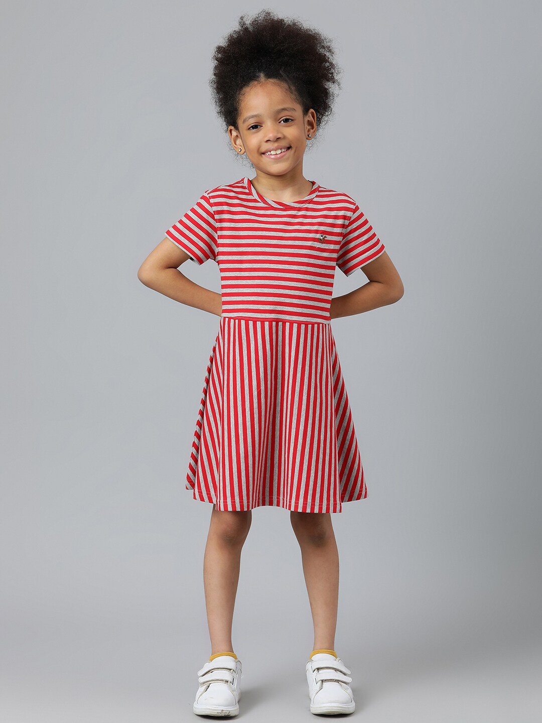 Beverly Hills Polo Club Girls Grey & Red Striped Round Neck Cotton Dress