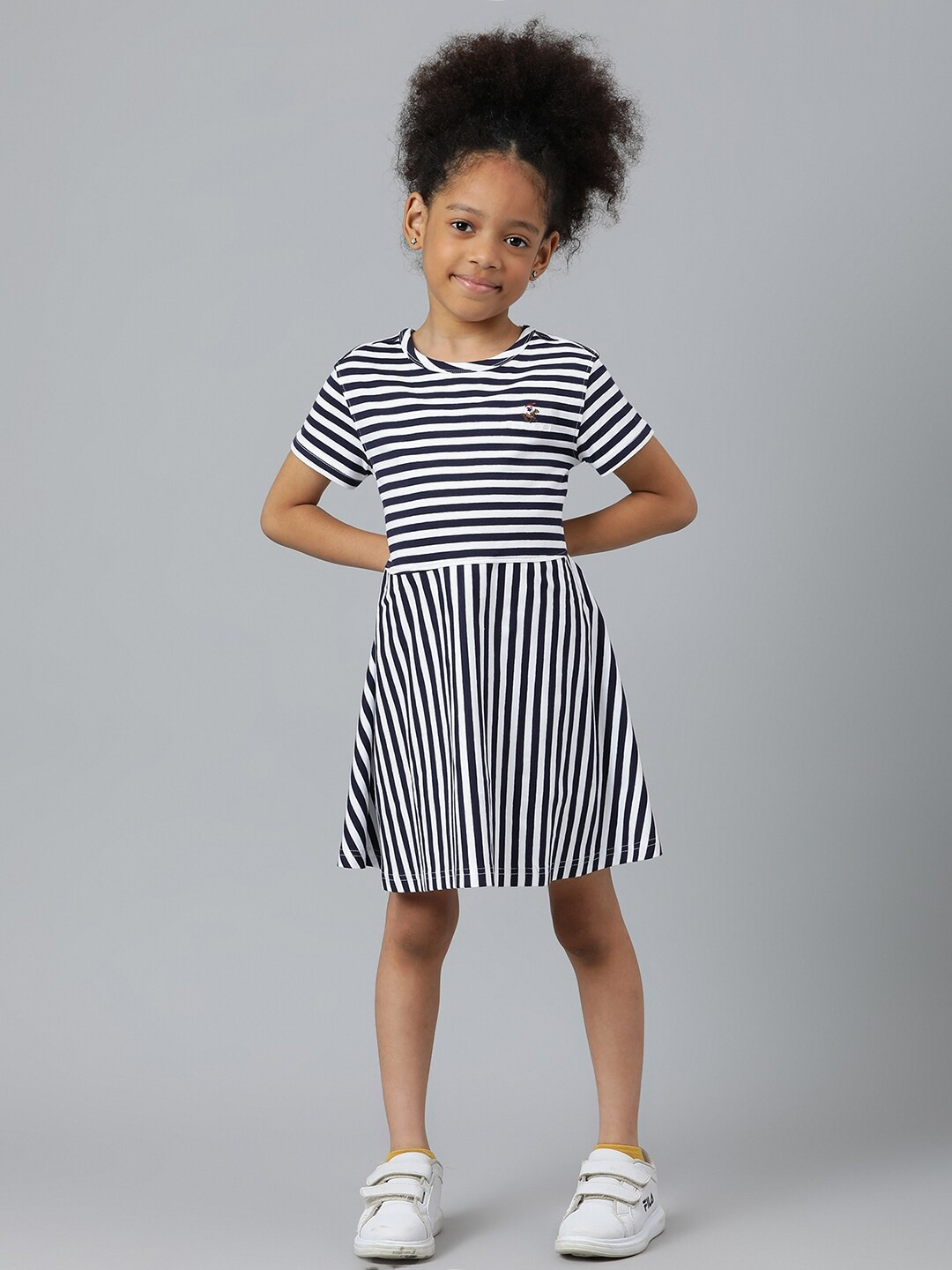 Beverly Hills Polo Club Girls White & Black Striped Round Neck Cotton Dress