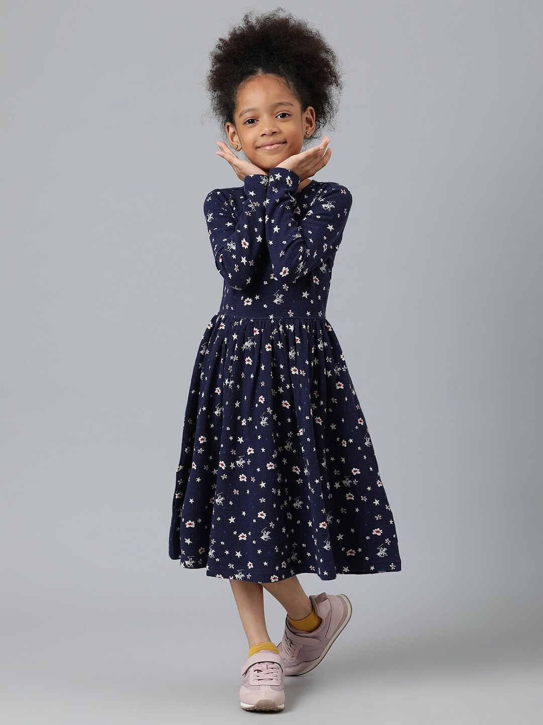 Beverly Hills Polo Club Girls Navy Blue Round Neck Cotton Dress