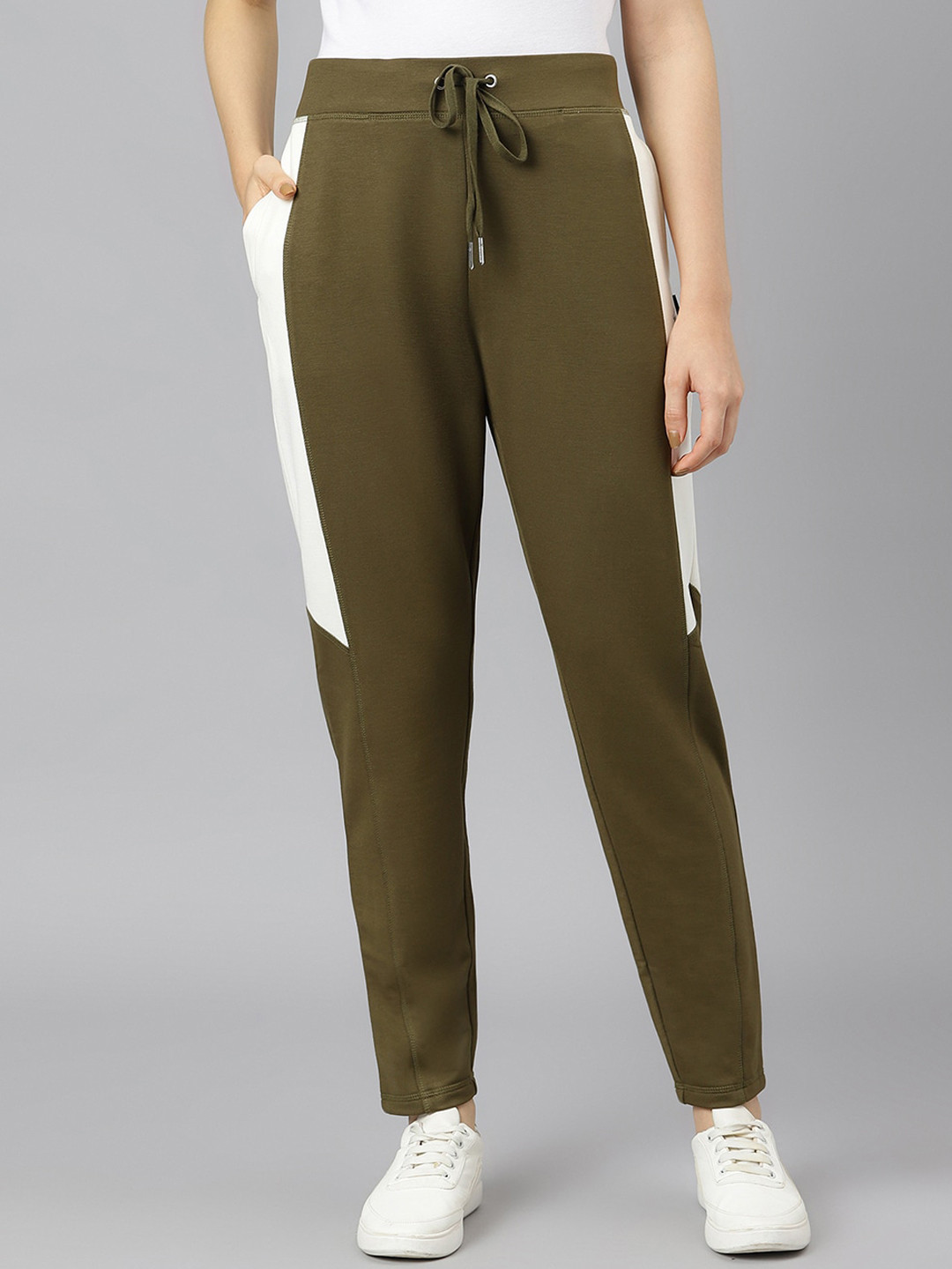 Beverly Hills Polo Club Women Olive Green & White Colourblocked Regular Fit Track Pants