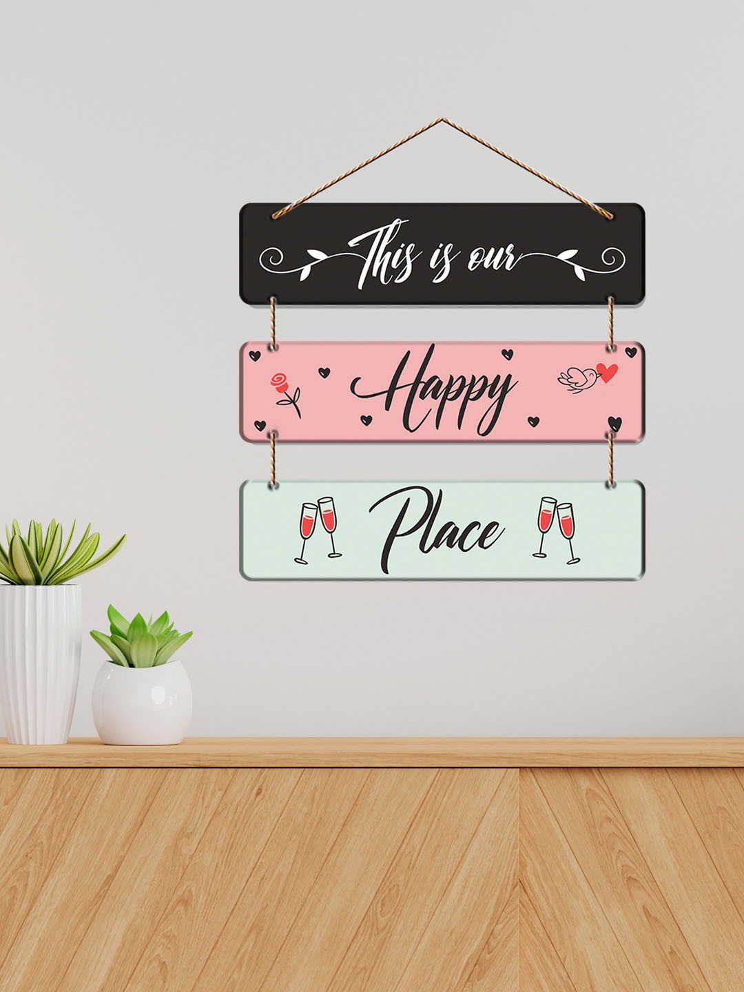 ArtVibes Happy Family Place Wood Floral Matte Hanging Hall Wall Hangings-14In