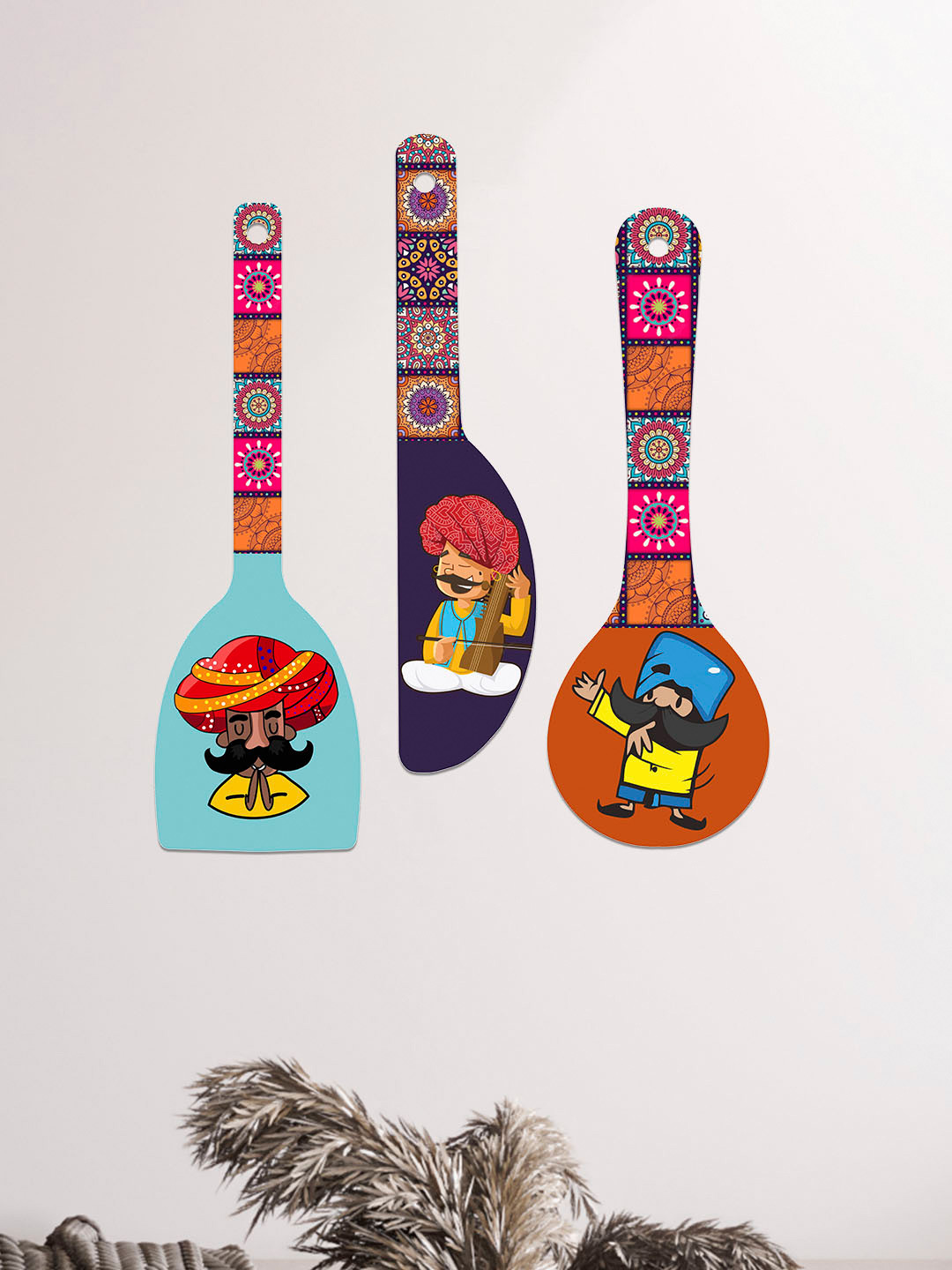 ArtVibes Rajasthani Culture on Wooden Spoons Ethnic Motifs Glossy 3Pcs Wall Hangings-17In