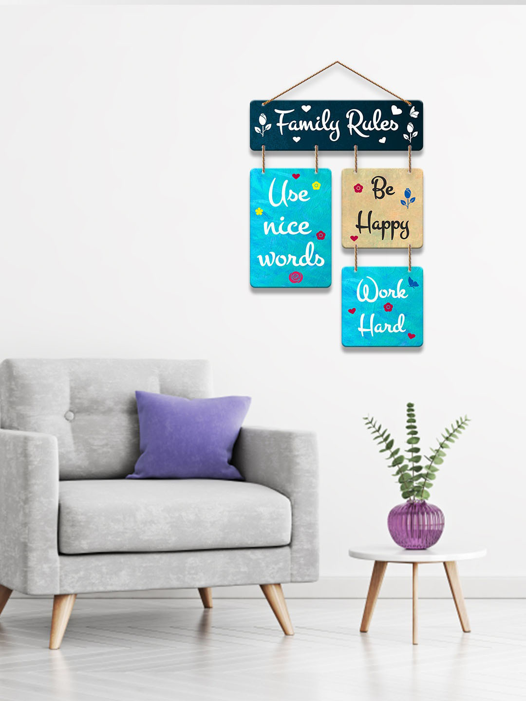 ArtVibes Family Rules Decorative Wood Floral Matte Hanging Hall Wall Hangings-21In