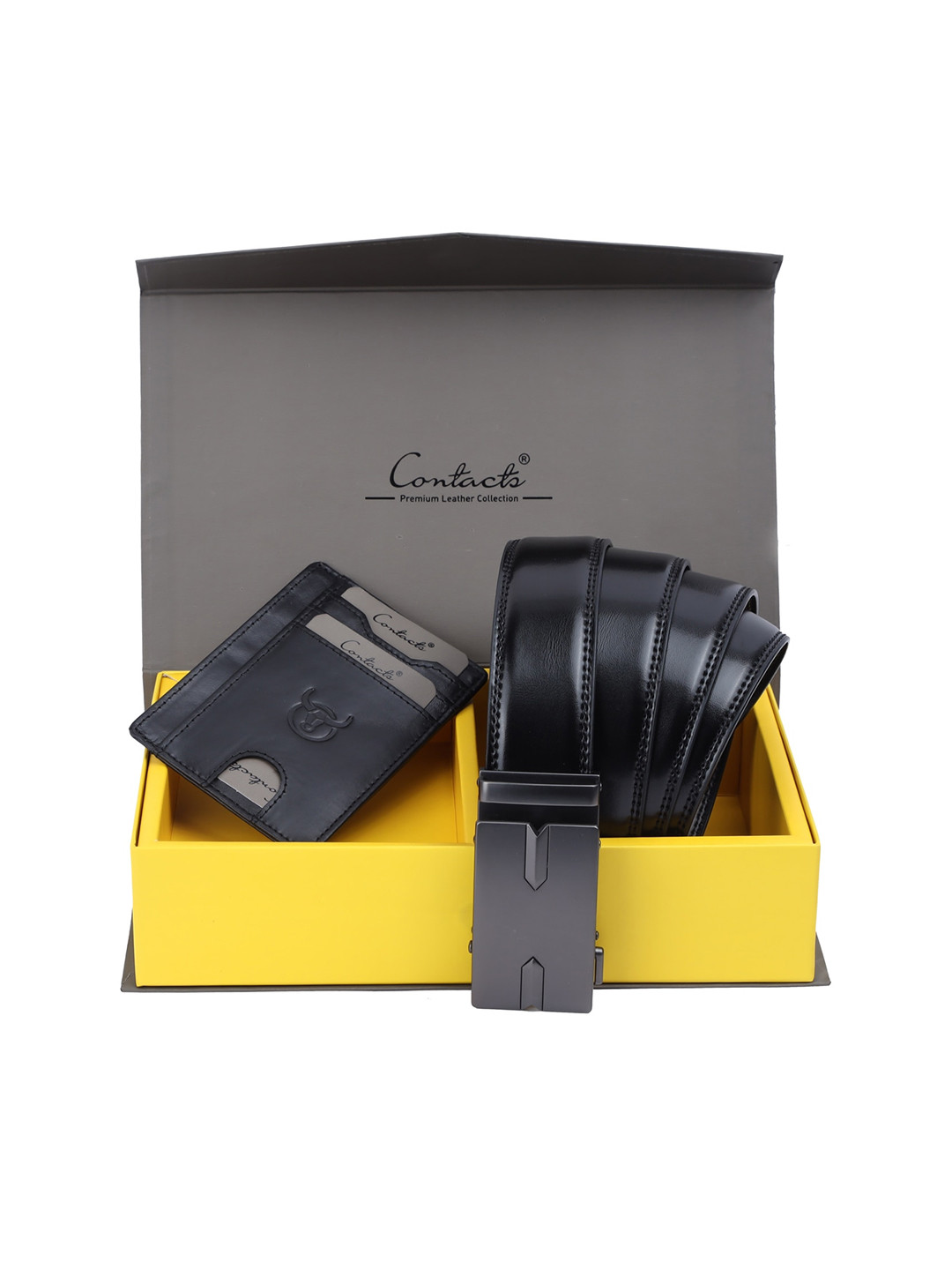 CONTACTS Men Black Solid Belt & Wallet Combo Accessory Gift Set
