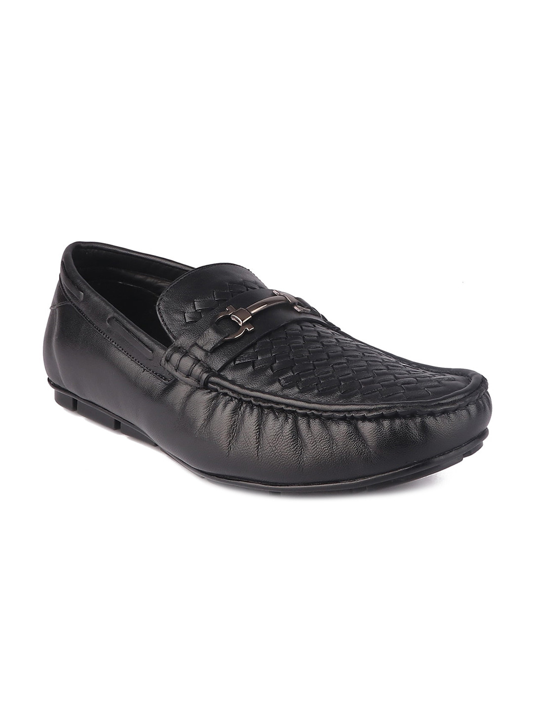 TOP BRASS Men Black Textured Leather Formal Loafers