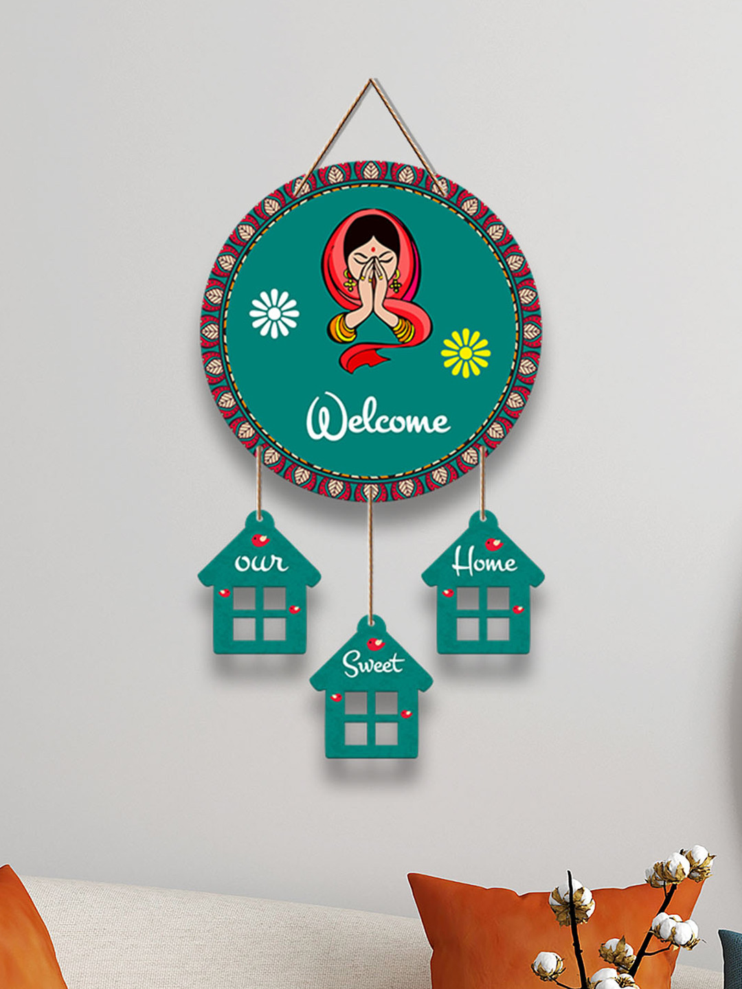 ArtVibes Welcome Wood Floral Matte Hanging Hall Wall Hangings-21In