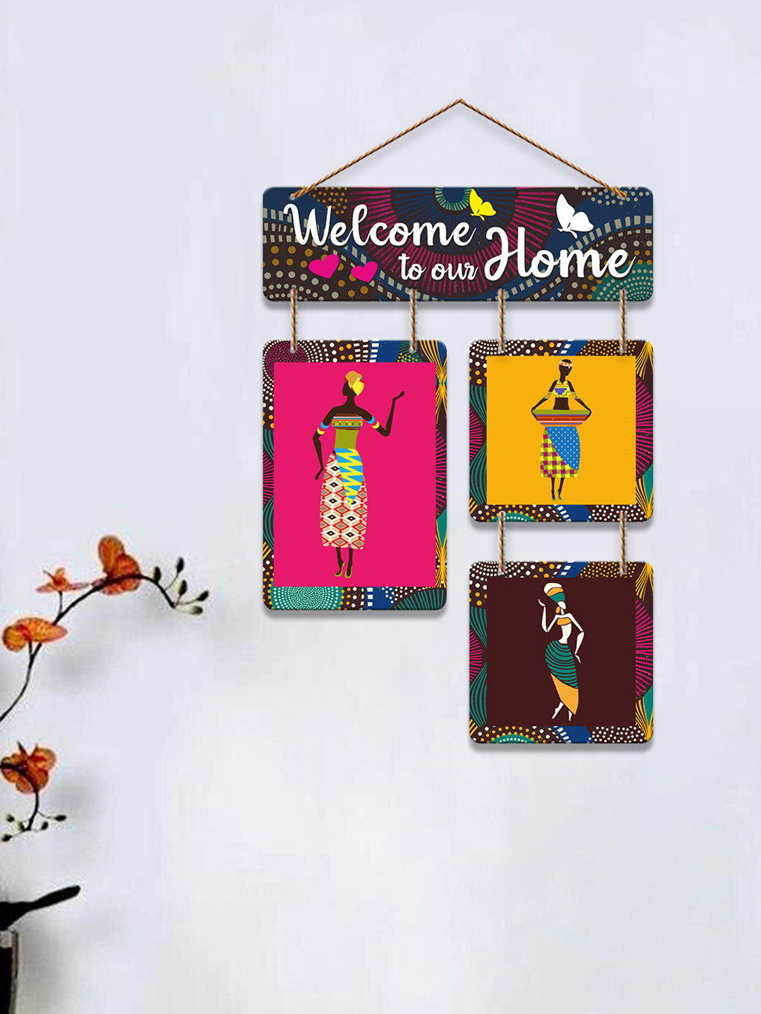 ArtVibes Welcome To Our Home Wood Ethnic Motifs Matte Hanging Hall Wall Hangings-15.7In