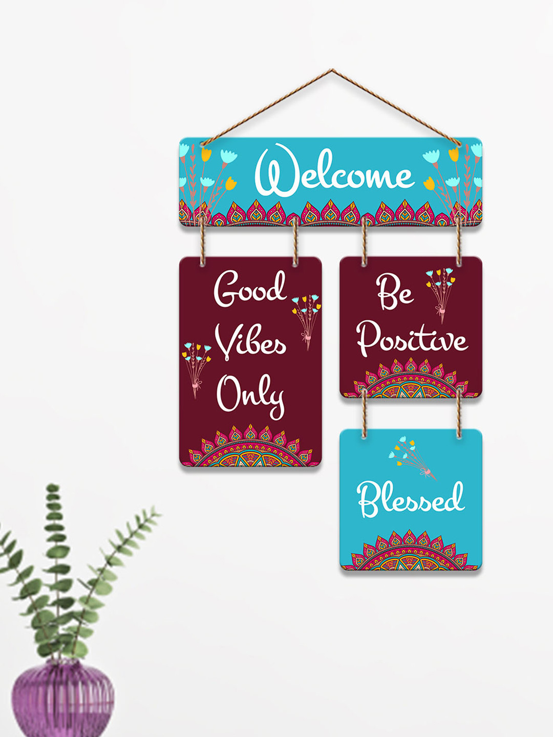 ArtVibes Welcome Quote Wood Ethnic Motifs Matte Hanging Hall Wall Hangings-21In