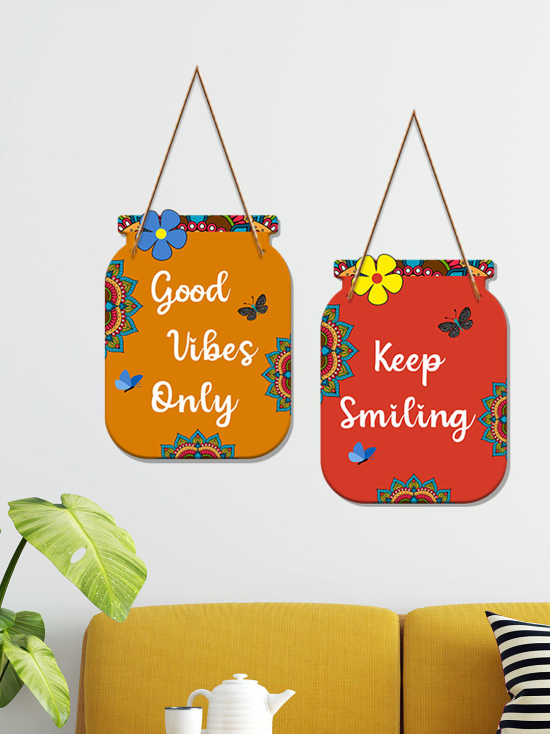 ArtVibes Good Vibes Quote Wood Floral Matte Hanging Hall 2Pcs Wall Hangings-12In