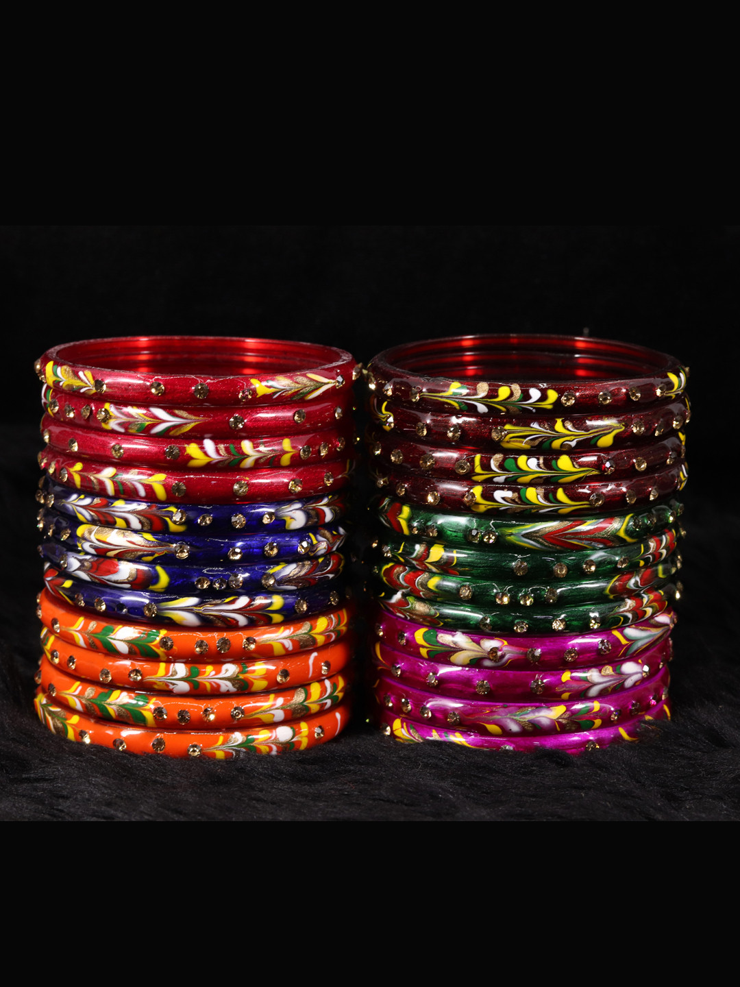 NMII Pink & Green Artificial Stones Studded Bangle Set