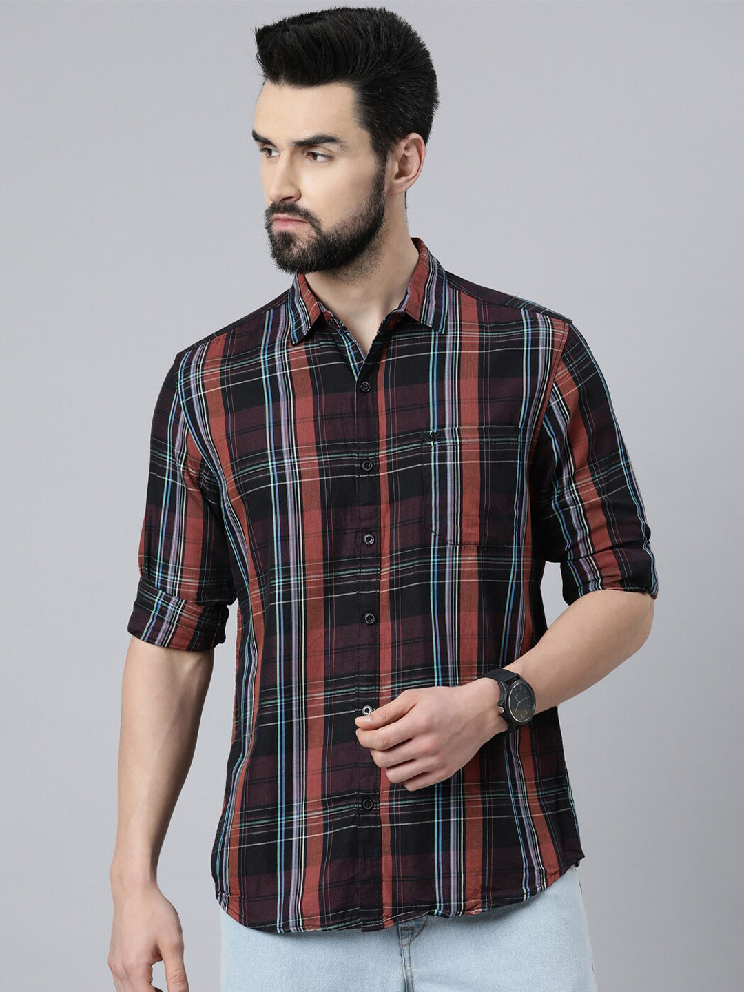 Chennis Men Black Slim Fit Tartan Checked Casual Shirt