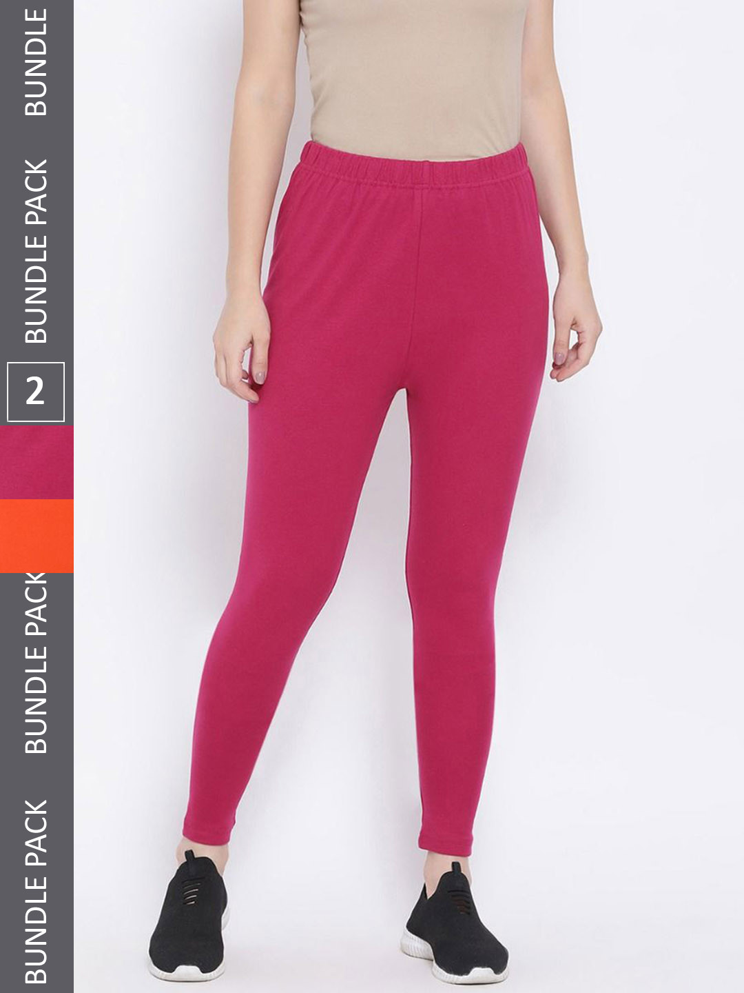 KEX Women Orange And Pink Pack Of 2 Solid Cotton Ankle-Length Leggings