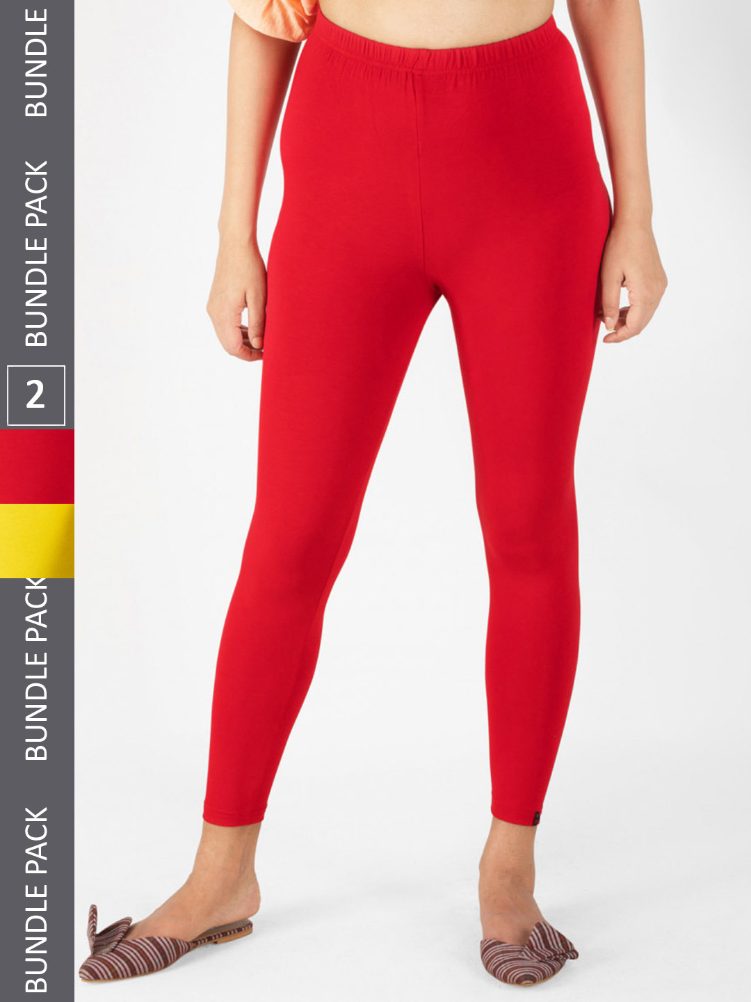 KEX Women Red And Yellow Pack Of 2 Solid Cotton Ankle-Length Leggings