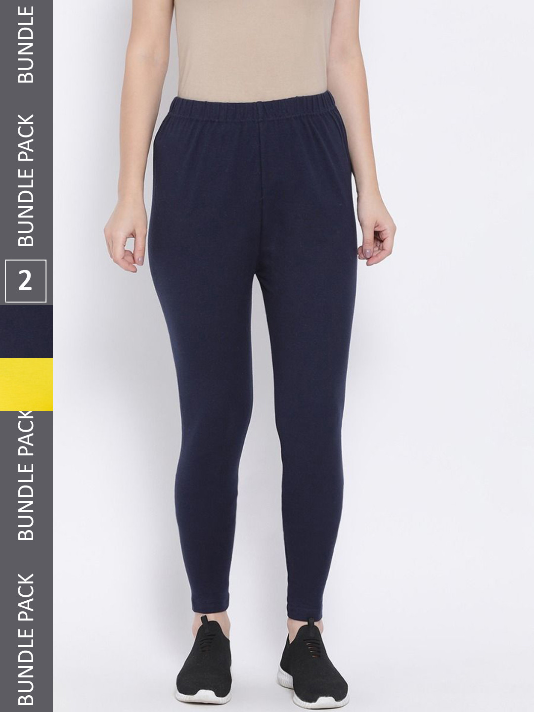 KEX Women Yellow And Black Pack Of 2 Solid Ankle-Length Leggings