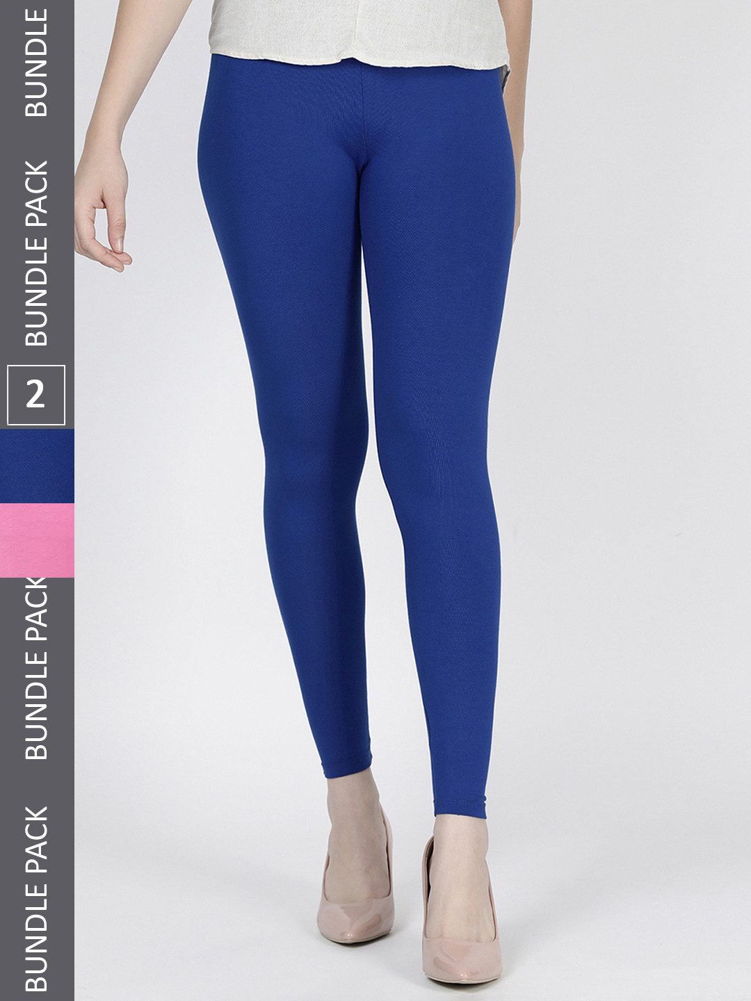 KEX Women Pink And Blue Pack Of 2 Solid Cotton Ankle-Length Leggings