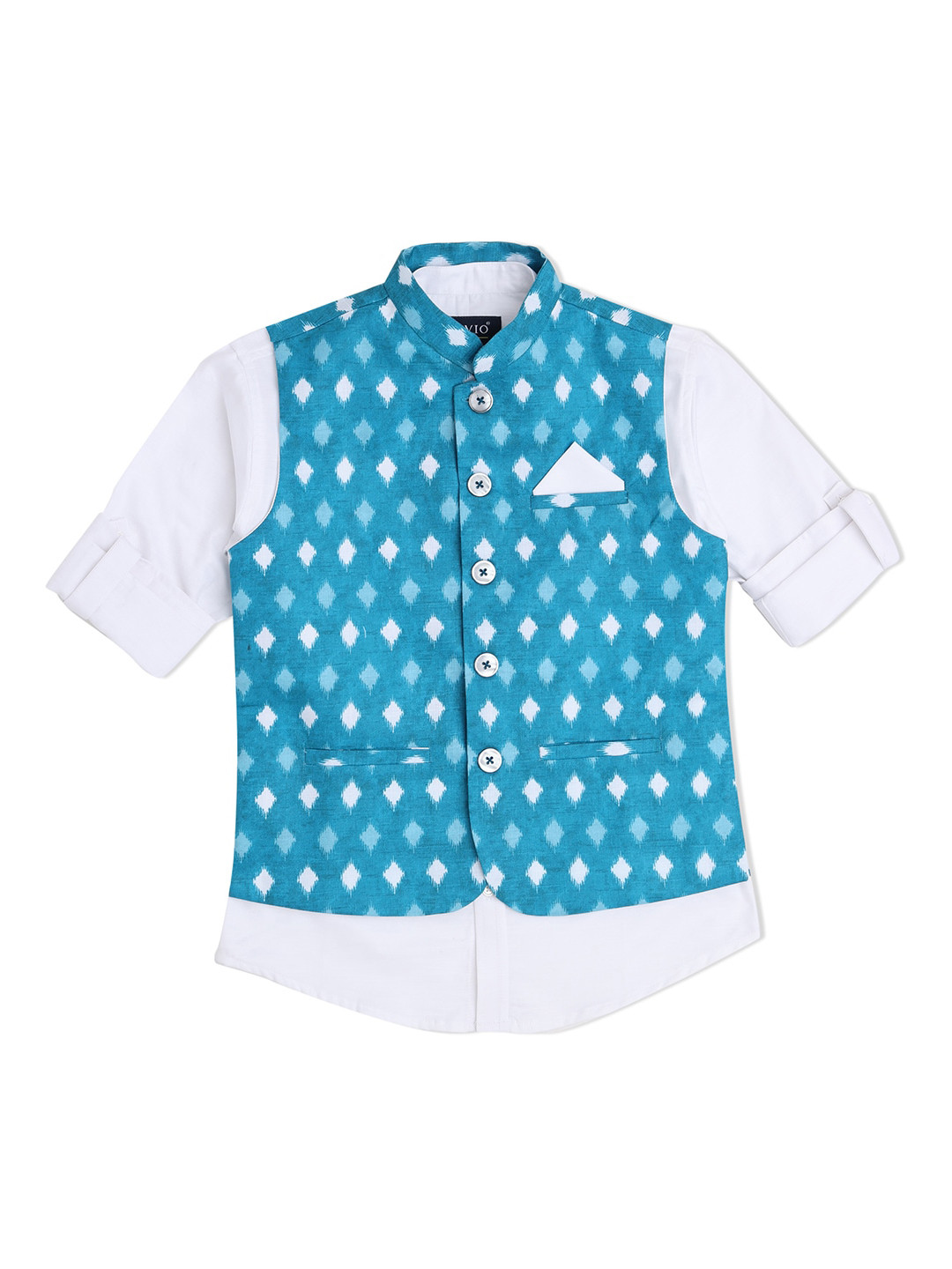 CAVIO Boys Turquoise Blue Woven Design Nehru Jacket