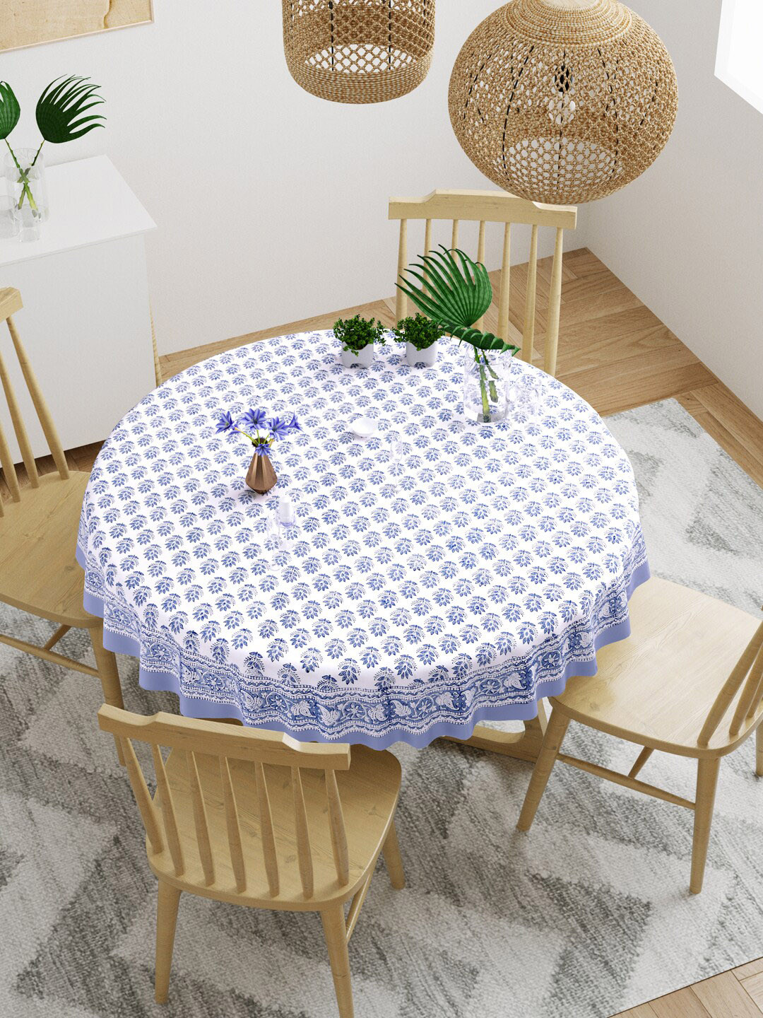 BLOCKS OF INDIA White & Blue Printed Cotton Round Table Cloth
