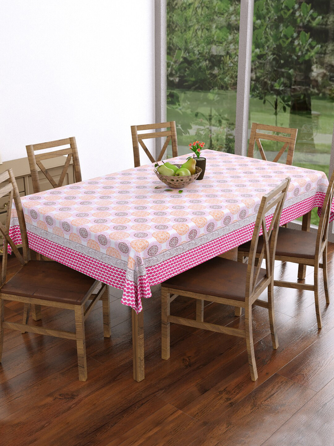 BLOCKS OF INDIA Pink & White Printed Cotton 6 Seater Table Cloth