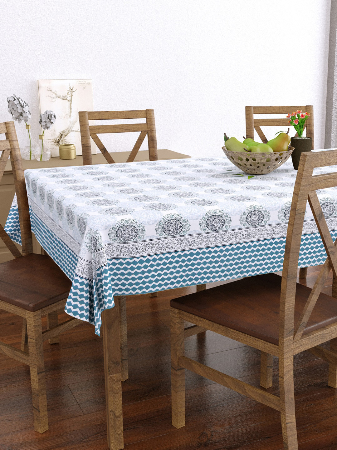 BLOCKS OF INDIA Grey & Blue Printed 6-Seater Cotton Table Cover