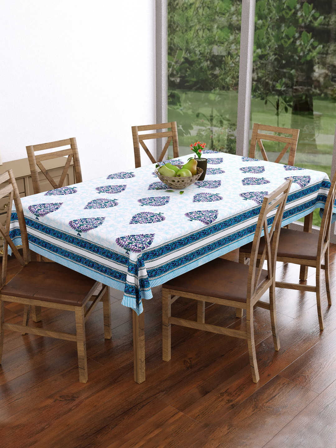 BLOCKS OF INDIA White & Blue Ethnic Motifs Printed 6-Seater Pure Cotton Table Cloth