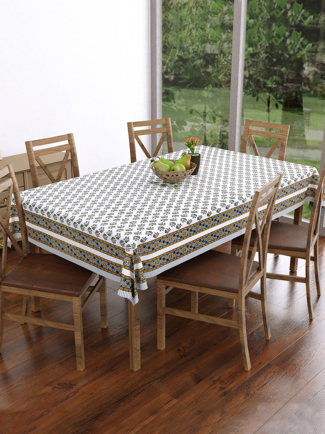 BLOCKS OF INDIA Grey & Blue Printed Pure Cotton 6 Seater Table Cloth