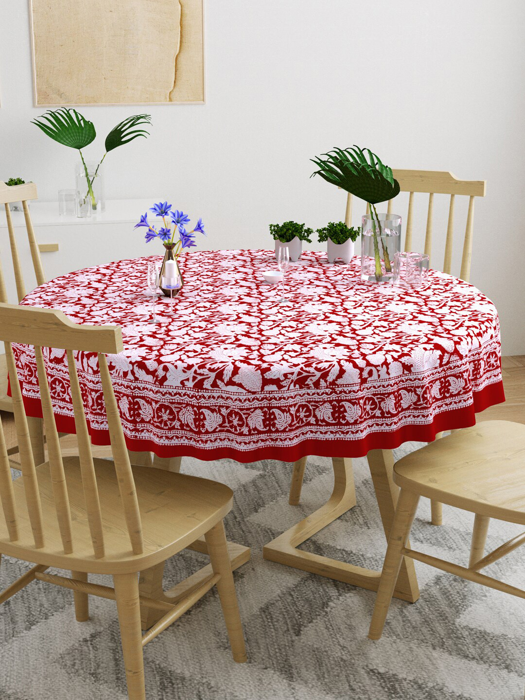 BLOCKS OF INDIA Red & White Printed Pure Cotton 4-Seater Table Cloth