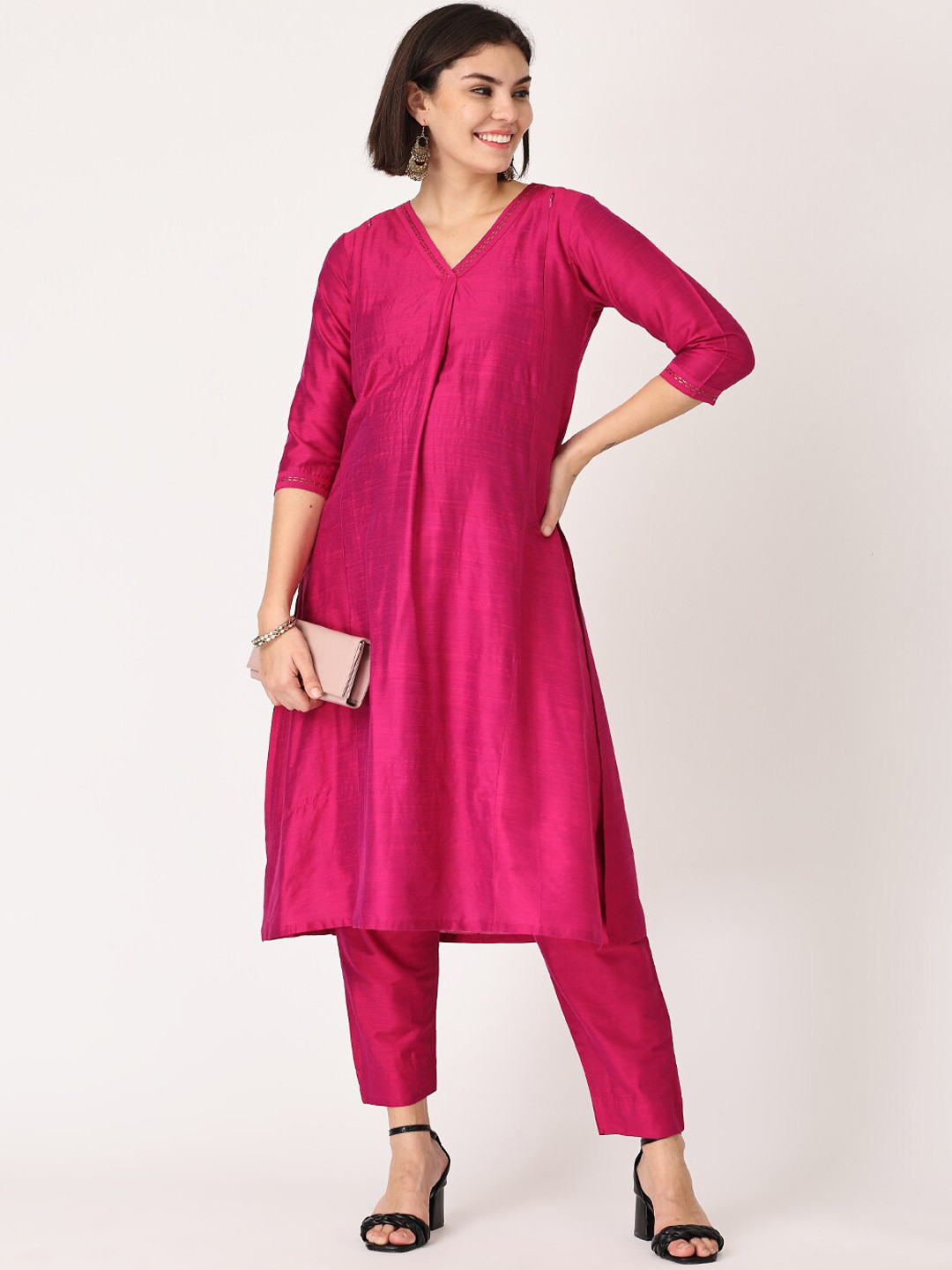 The Mom Store Women Magenta Raw Silk Maternity Kurta with Trousers