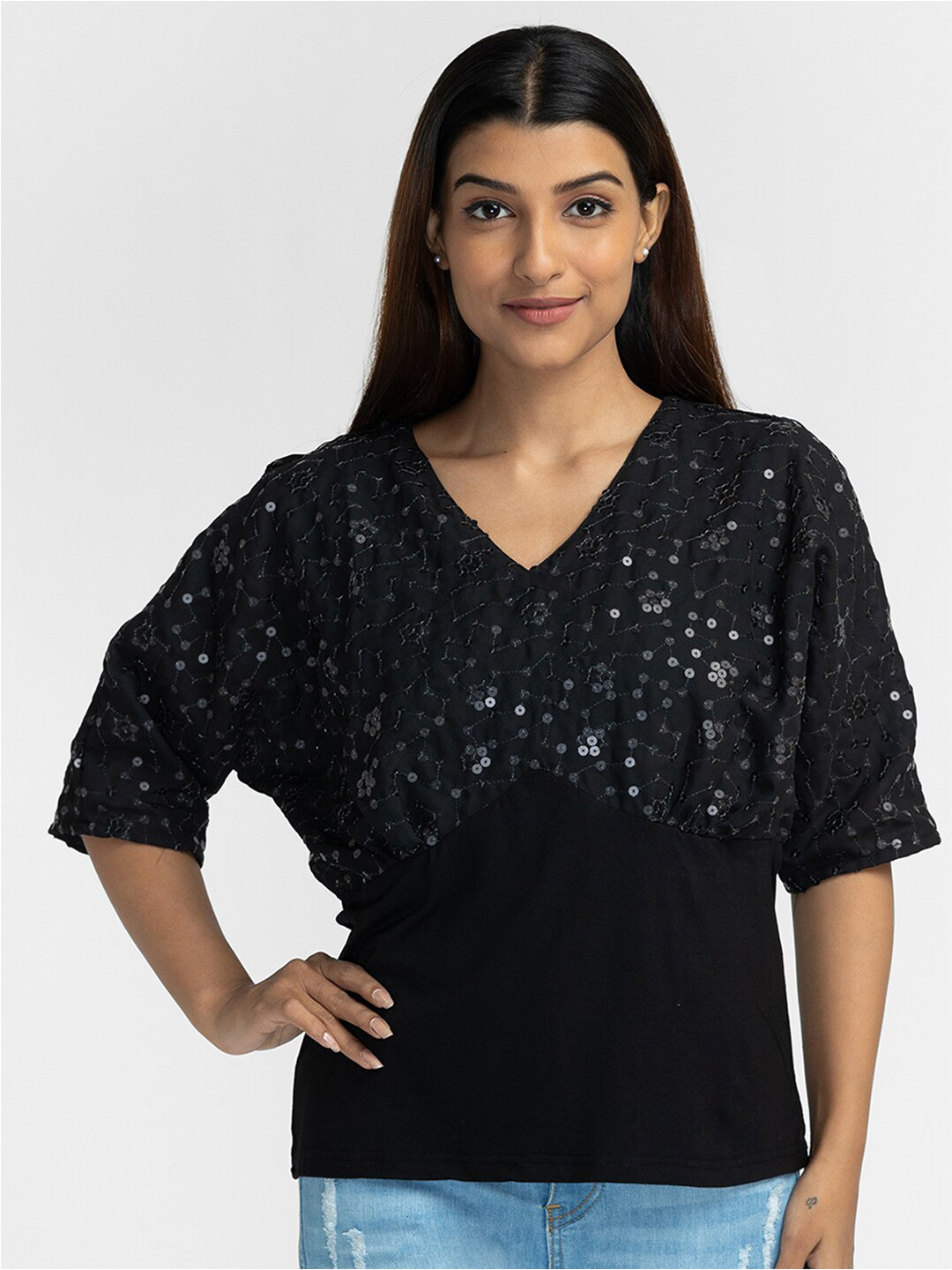 Globus Black Embellished Embellished Net Top